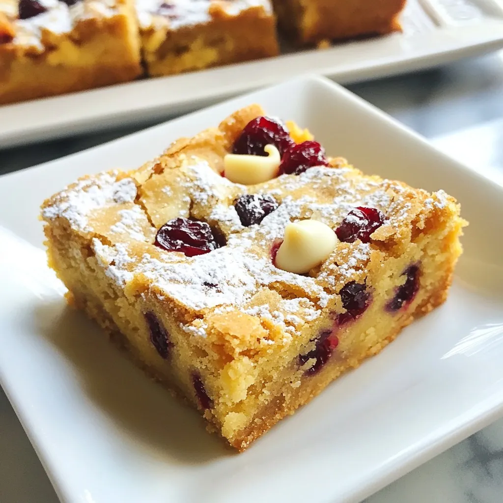 Here’s what you need to make your cranberry white chocolate blondies: - 1 cup unsalted butter, melted - 1 cup brown sugar, packed - 1/2 cup granulated sugar - 2 large eggs - 2 teaspoons vanilla extract - 2 cups all-purpose flour - 1 teaspoon baking powder - 1/2 teaspoon baking soda - 1/4 teaspoon salt - 1 cup white chocolate chips - 1 cup dried cranberries These ingredients come together to create a sweet treat. The melted butter adds richness. Brown sugar gives a nice caramel flavor. The eggs provide moisture and help bind the mix. Using all-purpose flour helps achieve a soft texture. Baking powder and baking soda work together to make the blondies rise. The salt balances the sweetness. White chocolate chips bring creamy flavor. Dried cranberries add a tart kick that pairs well with the other ingredients. When you gather these ingredients, make sure they're fresh. This will ensure your blondies taste their best. Enjoy the process of mixing and baking! {{ingredient_image_1}} 1. Prepping the baking pan and preheating the oven: First, preheat your oven to 350°F (175°C). Line a 9x13 inch baking pan with parchment paper. Leave some paper hanging over the sides. This helps with easy removal later. 2. Mixing wet ingredients together: In a mixing bowl, combine 1 cup of melted unsalted butter with 1 cup of packed brown sugar and 1/2 cup of granulated sugar. Whisk this mixture until it is smooth and well combined. 3. Combining dry ingredients with the wet mixture: In a separate bowl, whisk together 2 cups of all-purpose flour, 1 teaspoon of baking powder, 1/2 teaspoon of baking soda, and 1/4 teaspoon of salt. Gradually add the dry mix to the wet mixture. Stir gently until just combined. 4. Folding in chocolate chips and cranberries: Now, fold in 1 cup of white chocolate chips and 1 cup of dried cranberries. Make sure they are evenly mixed throughout the batter. 5. Pouring batter into the pan and baking process: Pour the batter into your prepared baking pan. Use a spatula to spread it evenly. - Recommended baking temperature: Set your oven to 350°F (175°C) for baking. - Ideal baking duration: Bake the blondies for 25 to 30 minutes. You’ll know they are done when the edges are golden brown. A toothpick inserted in the center should come out clean. - Cooling tips for best texture: Let the blondies cool in the pan for about 15 minutes. Then, lift them out using the parchment paper edges. Place them on a wire rack to cool completely. - Cutting and serving suggestions: Once cooled, slice the blondies into squares. For an elegant touch, dust with powdered sugar. Serve with a scoop of vanilla ice cream for a delightful treat. To bake the best cranberry white chocolate blondies, you need to avoid common mistakes. Here are some tips: - Measure accurately: Use a kitchen scale or measuring cups. Too much flour can make them dry. - Don’t overmix: Mix until just combined. Overmixing can make your blondies tough. - Check the oven temperature: An oven thermometer helps ensure your oven bakes at the right heat. For the right texture, follow these steps: - Use room temperature eggs: They blend better with the batter. This gives your blondies a smooth texture. - Cool properly: Let them cool in the pan for 15 minutes before moving them. This helps them set well and stay soft. Making your blondies look great is easy. Here are some ideas: - Dust with powdered sugar: This adds a lovely finish. Just sprinkle it on top before serving. - Serve with ice cream: A scoop of vanilla ice cream pairs beautifully with the warm blondies. It adds creaminess and contrast. For special occasions, consider cutting them into fun shapes or adding festive decorations. This makes them stand out on any dessert table! Pro Tips Use Room Temperature Ingredients: Ensure that your eggs and butter are at room temperature for a smoother batter and better incorporation. Don’t Overmix: Stir the dry ingredients into the wet mixture until just combined to avoid tough blondies. Check for Doneness: Since ovens vary, start checking your blondies a few minutes before the suggested baking time to prevent overbaking. Storage Tips: Store blondies in an airtight container at room temperature for up to a week, or freeze them for longer storage. {{image_2}} You can change things up in your cranberry white chocolate blondies for fun. Here are some options: - Different Types of Chocolate: Instead of white chocolate, try dark or milk chocolate. Each type brings a new flavor. You can even mix them for a twist! - Alternative Mix-ins: Add nuts like walnuts or pecans for crunch. If you love coconut, shredded coconut works great too. These swaps can change the texture and taste. If you have dietary needs, you can still enjoy these blondies. - Gluten-free Adaptations: Use gluten-free flour instead of all-purpose flour. Make sure it has a good blend for baking. This way, everyone can enjoy your blondies. - Vegan Version Suggestions: To make these blondies vegan, swap eggs with flax eggs or applesauce. Use dairy-free chocolate chips to keep it plant-based. These changes keep the taste delicious! To keep your cranberry white chocolate blondies fresh, follow these tips: - Cool Completely: Let the blondies cool fully on a wire rack before storing. - Use Airtight Containers: Place them in an airtight container. This keeps them moist and soft. - Layering: If you stack the blondies, place parchment paper between layers. This prevents sticking. You can store them at room temperature for up to five days. If you want them to last longer, consider freezing them. Freezing blondies is easy. Here’s how to do it right: - Wrap Well: Cut the blondies into squares. Wrap each piece in plastic wrap. Then, place them in a freezer-safe bag or container. - Label and Date: Write the date on the bag. This helps you remember when you froze them. To thaw frozen blondies, take them out of the freezer. Leave them in the fridge overnight or let them sit at room temperature for a few hours. Enjoy them warm or at room temperature for the best taste. Can I use fresh cranberries instead of dried? Yes, you can use fresh cranberries. Fresh cranberries add a tart flavor. They may make the blondies a bit more moist. If you choose fresh, chop them into smaller pieces. This helps them mix well in the batter. What can I substitute for eggs in this recipe? You can use mashed banana or applesauce as egg substitutes. Use 1/4 cup of either for each egg. This keeps the blondies moist and helps them rise. You may notice a slight fruit flavor but it can be pleasant. How can I make these blondies chewier? To make your blondies chewier, try adding more brown sugar. Brown sugar has more moisture than white sugar. You can also bake them for a shorter time. Keep an eye on them toward the end of baking. Can I make the batter ahead of time? Yes, you can make the batter ahead of time. Store it in the fridge for up to 24 hours. Just be sure to bring it back to room temperature before baking. This helps the blondies bake evenly. In this blog post, we covered how to make delicious cranberry white chocolate blondies. We listed all the key ingredients and provided step-by-step instructions for baking. We also shared helpful tips to perfect your blondies and suggested fun variations. Freshness and storage options were included to keep your treats tasty. Baking is fun and rewarding. Enjoy making these delicious blondies, and don't be afraid to experiment!