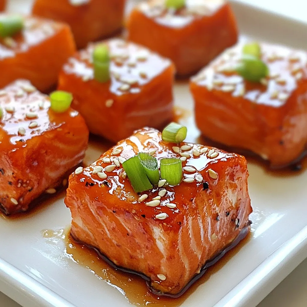 - 1 lb salmon fillet, skinless and boneless, cut into bite-sized cubes - 1/4 cup pure maple syrup - 2 tablespoons soy sauce - 1 tablespoon Dijon mustard - 1 teaspoon garlic powder - 1 teaspoon ginger powder - Salt and pepper, to taste - 1 tablespoon olive oil These ingredients come together to create a sweet and savory treat. The salmon is rich in flavor and pairs perfectly with the maple syrup and soy sauce. The Dijon mustard adds a nice kick, while garlic and ginger bring warmth to the dish. - 2 green onions, finely chopped (for garnish) - Sesame seeds (for garnish) Garnishes add a pop of color and texture. Chopped green onions deliver freshness, while sesame seeds provide a delightful crunch. These simple additions can elevate your dish's look and taste. - Medium bowl for mixing - Whisk or fork for combining ingredients - Baking sheet lined with parchment paper - Oven preheated to 400°F (200°C) These tools make the cooking process easy and efficient. A preheated oven ensures even cooking, while parchment paper helps with clean-up. A medium bowl is perfect for mixing the marinade smoothly. {{ingredient_image_1}} Start by gathering your ingredients. In a medium bowl, combine: - 1/4 cup pure maple syrup - 2 tablespoons soy sauce - 1 tablespoon Dijon mustard - 1 teaspoon garlic powder - 1 teaspoon ginger powder - Salt and pepper, to taste Whisk these together until smooth. The mix should smell sweet and savory. This marinade brings a great flavor to the salmon bites. Now, take your salmon fillet. Cut it into bite-sized cubes, about an inch each. Add these cubes to the marinade. Gently toss the salmon with the marinade until each piece is coated. Cover the bowl with plastic wrap. Let it chill in the fridge for at least 30 minutes. This allows the flavors to soak into the fish. Preheat your oven to 400°F (200°C). Line a baking sheet with parchment paper. Remove the salmon from the fridge. Let any excess marinade drip off. Place the salmon cubes on the lined baking sheet. Drizzle 1 tablespoon of olive oil over the salmon. Bake in the oven for about 10 to 12 minutes. The salmon should flake easily with a fork when done. For a caramelized look, broil for an extra 2 to 3 minutes. Once out of the oven, let the bites cool slightly. Garnish with chopped green onions and sesame seeds. Enjoy your tasty maple glazed salmon bites! To make the best maple glaze, use pure maple syrup. Blend it with soy sauce, Dijon mustard, garlic powder, and ginger powder. This mix gives a great sweet and salty flavor. Add a pinch of salt and pepper for extra taste. Whisk until smooth, then pour over the salmon cubes. Let the salmon sit in the marinade for at least 30 minutes. This allows the flavors to soak in. If you have time, marinate it longer for even better taste. For the best texture, cut the salmon into even bite-sized cubes. This helps them cook evenly. Bake the salmon at 400°F (200°C) for 10-12 minutes. Check for doneness by using a fork. The salmon should flake easily. If you want a crispy edge, broil for an extra 2-3 minutes. Just keep an eye on it to avoid burning. Serve your salmon bites on a nice platter. Use toothpicks to make eating easy. Garnish with chopped green onions and sesame seeds for a pop of color. Pair these bites with fresh veggies or rice for a full meal. They also make a great appetizer at parties. Pro Tips Perfect Marinade Time: For the best flavor, marinate the salmon for at least 1 hour, or even up to 4 hours if you have the time. This allows the flavors to penetrate deeply into the fish. Check for Doneness: Salmon is perfectly cooked when it flakes easily with a fork and has an internal temperature of 145°F (63°C). Keep an eye on it to avoid overcooking. Broiling for a Finish: If you want a caramelized crust, consider broiling the salmon for the last 2-3 minutes. Just be sure to watch it closely to prevent burning. Garnish Wisely: Adding fresh herbs or citrus zest as a final garnish can elevate the dish's flavor and presentation. Try using cilantro or lemon zest for a fresh touch. {{image_2}} You can mix things up with different glazes. Try honey instead of maple syrup for a sweeter taste. Teriyaki sauce can also give a savory twist. For a spicy kick, add some sriracha to the mix. Each glaze adds a unique flavor to the salmon bites. Baking isn’t the only way to cook salmon bites. You can grill them for a smoky flavor. Just skewer the salmon cubes on a stick. Sautéing them in a pan works well, too. Heat olive oil over medium heat and cook until golden. Air frying is another great option. It makes the bites crisp and delicious. You can easily swap ingredients to match your taste. Use coconut aminos instead of soy sauce for a gluten-free option. If you don’t have Dijon mustard, yellow mustard works fine. You can also replace garlic powder with fresh minced garlic. These small changes keep the dish tasty and fun. To store leftover maple glazed salmon bites, place them in an airtight container. Make sure the container is clean and dry. Refrigerate them for up to three days. This keeps the salmon fresh and tasty. If you have extra sauce, keep it in a separate container. When you're ready to enjoy your leftovers, preheat your oven to 350°F (175°C). Place the salmon bites on a baking sheet. Heat them for about 10 minutes or until warm. You can also reheat in the microwave. Use a microwave-safe dish and cover it. Heat for 1-2 minutes, checking to avoid overcooking. You can freeze maple glazed salmon bites for later. First, let them cool completely. Place the bites in a freezer-safe bag or container. Make sure to squeeze out as much air as possible. Label the bag with the date. Freeze for up to three months. To use, thaw in the fridge overnight before reheating. Yes, you can use frozen salmon. Just make sure to thaw it first. To thaw, place it in the fridge overnight or use the cold water method. This will keep the fish safe and fresh. The salmon is done when it flakes easily with a fork. You can also check that it reaches an internal temp of 145°F (63°C). If the fish looks opaque and is light pink, it is ready. Maple glazed salmon bites go well with many sides. Here are some great options: - Steamed broccoli - Roasted asparagus - Rice pilaf - Quinoa salad You can store the marinade in the fridge for up to one week. Make sure to keep it in a sealed container. If you want to keep it longer, consider freezing it for up to three months. Yes, this recipe works well for meal prep. You can make the salmon bites ahead of time and store them in the fridge. They stay tasty for three to four days. Just reheat them gently before serving. In this blog post, we covered how to make maple glazed salmon bites. We discussed the main ingredients, cooking steps, and tips for a great meal. I shared ideas for alternatives and how to properly store leftovers. Remember, this dish is simple and full of flavor. It’s perfect for a quick dinner or a meal prep. Try it out, and I am sure you will enjoy every bite. Happy cooking!