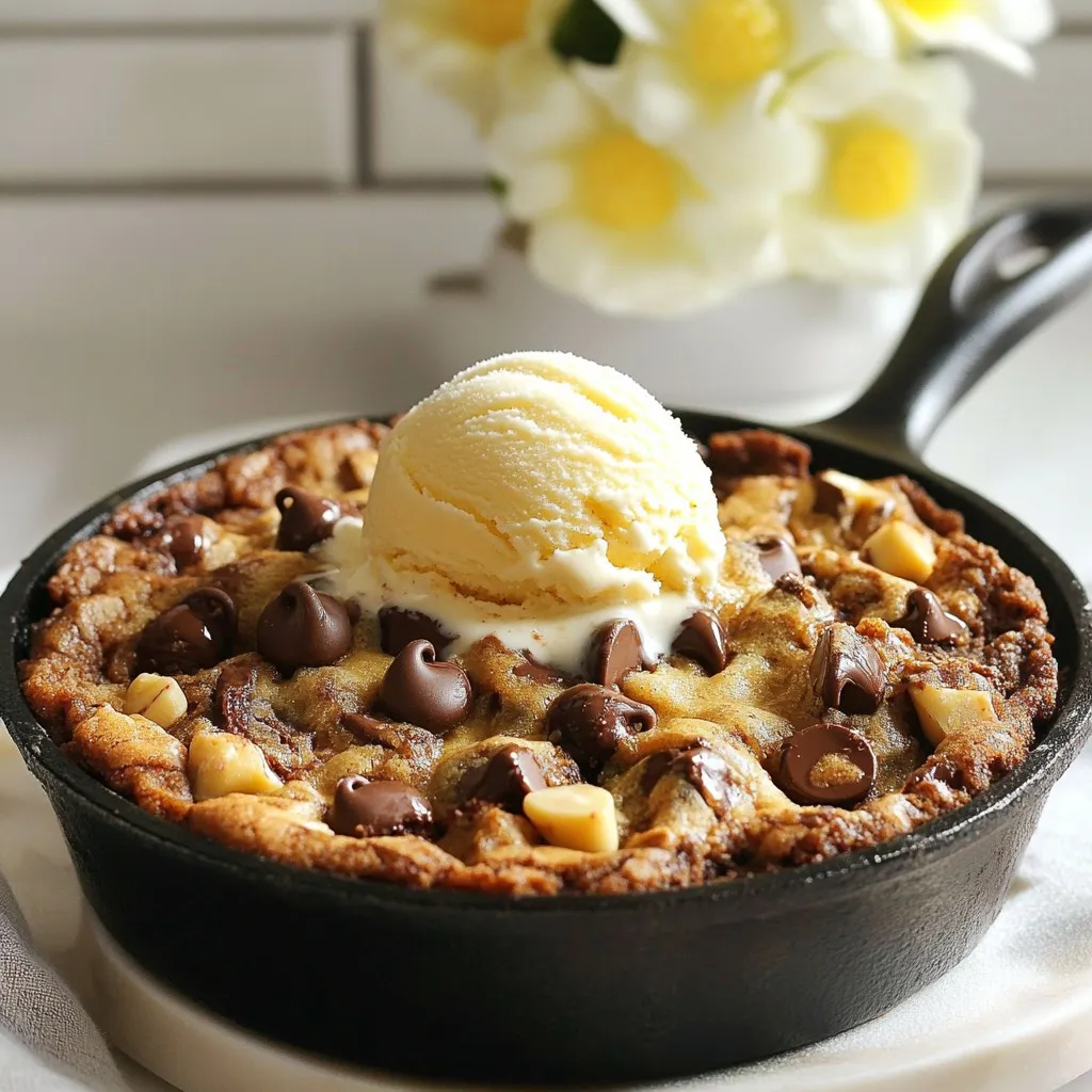 - 1 cup all-purpose flour - 1/2 teaspoon baking soda - 1/4 teaspoon salt - 1/2 cup unsalted butter, softened - 1/2 cup brown sugar - 1/4 cup granulated sugar - 1 teaspoon vanilla extract - 1 large egg - 1 cup semi-sweet chocolate chips The quality of your ingredients matters. Fresh flour and chocolate chips make a big difference. Softened butter helps create a rich, smooth dough. Using high-quality brown sugar adds depth of flavor. Always choose the best you can find. - 1/2 cup chopped walnuts (optional) - Vanilla ice cream for serving (optional) You can add walnuts for a nice crunch. If you want a nut-free version, simply leave them out. Want to shake things up? Use dark chocolate chips or even white chocolate. For a fun twist, try adding a sprinkle of sea salt on top. If you love ice cream, serve a scoop on top for extra joy. {{ingredient_image_1}} 1. Preheating the oven: First, set your oven to 350°F (175°C). This step is key to baking your cookie evenly. 2. Mixing dry ingredients: In a small bowl, whisk together 1 cup of all-purpose flour, 1/2 teaspoon of baking soda, and 1/4 teaspoon of salt. This mix adds structure and flavor to your cookie. 1. Techniques for creaminess: In a large bowl, cream together 1/2 cup of softened unsalted butter, 1/2 cup of brown sugar, and 1/4 cup of granulated sugar. Beat this until it’s light and fluffy, about 2-3 minutes. This step adds air for a soft cookie texture. 2. Incorporating the egg and vanilla: Next, beat in 1 large egg and 1 teaspoon of vanilla extract. Mix until fully combined. This will give your cookie a rich flavor. 1. Properly greasing the skillet: Use non-stick cooking spray or a bit of extra butter to grease a 10-inch oven-safe skillet. This helps prevent sticking. 2. Signs for doneness: Pour the cookie dough into the skillet and smooth the top. Bake for 20-25 minutes. Look for golden edges and a center that is set but still slightly soft. The cookie will continue to firm up as it cools. To get a soft center in your cookie skillet, aim for underbaking. Bake until the edges turn golden brown, but the center should still look a bit shiny. This method gives you that melty cookie feel. To avoid overbaking, set a timer for 20 minutes. Check your cookie after this time. If the edges look done, but the center seems soft, take it out. The cookie will continue to cook a bit after you remove it from the oven. This helps keep that gooey texture. Serving directly from the skillet adds charm. It creates a cozy feel for your guests. Use a large spoon for serving, so everyone can dig in. If you want to impress, try plating slices with a scoop of vanilla ice cream. Drizzle some chocolate sauce over the ice cream for extra flavor. You can also sprinkle chopped nuts or chocolate chips on top for a fun finish. Pro Tips Room Temperature Ingredients: Make sure your butter and egg are at room temperature before starting. This helps create a smoother batter and improves the texture of your cookie skillet. Don't Overmix: After adding the flour mixture, mix just until combined. Overmixing can lead to a tough cookie, so keep it gentle. Check for Doneness: The cookie is done when the edges are golden brown and the center is still slightly soft. It will continue to cook a little after being removed from the oven. Custom Flavors: Feel free to experiment with different mix-ins like white chocolate chips, dried fruits, or even a sprinkle of sea salt on top for a gourmet touch! {{image_2}} You can make this cookie skillet even more fun. Here are some ideas: - Different types of chocolate: Use dark chocolate, milk chocolate, or white chocolate chips. Each type adds a new taste. Mix and match them for a layered flavor. - Incorporating fruits or candy: Add dried fruits like cranberries or cherries for a tangy twist. You can also toss in candy like M&M's or Reese's Pieces for a sweet crunch. Each option makes your skillet unique. Feeling like a different approach? Here are some adjustments: - Gluten-free options: Swap all-purpose flour with almond flour or a gluten-free blend. This way, you can enjoy the cookie without gluten. Ensure other ingredients are also gluten-free. - Vegan alternatives: Use coconut oil instead of butter. Replace the egg with a flaxseed egg (1 tablespoon ground flaxseed mixed with 2.5 tablespoons water). This keeps the cookie moist and tasty while being plant-based. These variations let you tailor the cookie skillet to your taste and dietary needs. Enjoy experimenting! To store your chocolate chip cookie skillet, let it cool first. Once cooled, cover it with plastic wrap or foil. You can also place it in an airtight container. This helps keep it fresh. Store it in the fridge. It will last about three to four days. For the best results, reheat your cookie skillet in the oven. Preheat the oven to 350°F (175°C). Place the skillet in the oven for about 10 minutes. This restores the warm, gooey texture. You can also use the microwave. Heat it for about 20-30 seconds. Just be careful not to overheat. Enjoy your treat warm, just like fresh out of the oven! Can I make this recipe in advance? Yes, you can prepare the dough ahead of time. Store it in the fridge for up to two days. When ready, spread the dough in the skillet and bake it fresh. This way, you enjoy the warm, gooey cookie right out of the oven! What size skillet is best for this recipe? A 10-inch oven-safe skillet works best. It gives the cookie enough space to spread. If your skillet is smaller, the cookie might bake unevenly, leading to a flat result. Why is my cookie skillet flat? A flat cookie skillet may result from too much butter or not enough flour. Ensure you measure your ingredients correctly. Also, check your baking soda for freshness. Old baking soda may not help the cookie rise. How do I know when it's done baking? Look for golden edges and a slightly soft center. You can also insert a toothpick in the center. If it comes out mostly clean, your cookie is done! Let it cool for a few minutes before serving. This article covered the key ingredients, step-by-step instructions, and tips for making a delicious cookie skillet. Quality ingredients matter, and optional ones can enhance flavor. I shared ways to achieve a perfect texture and suggested fun variations. You can store leftovers properly and reheat them without losing freshness. Keep experimenting with flavors and adjustments to suit your tastes. Enjoy your baking journey and create something special to share with others!