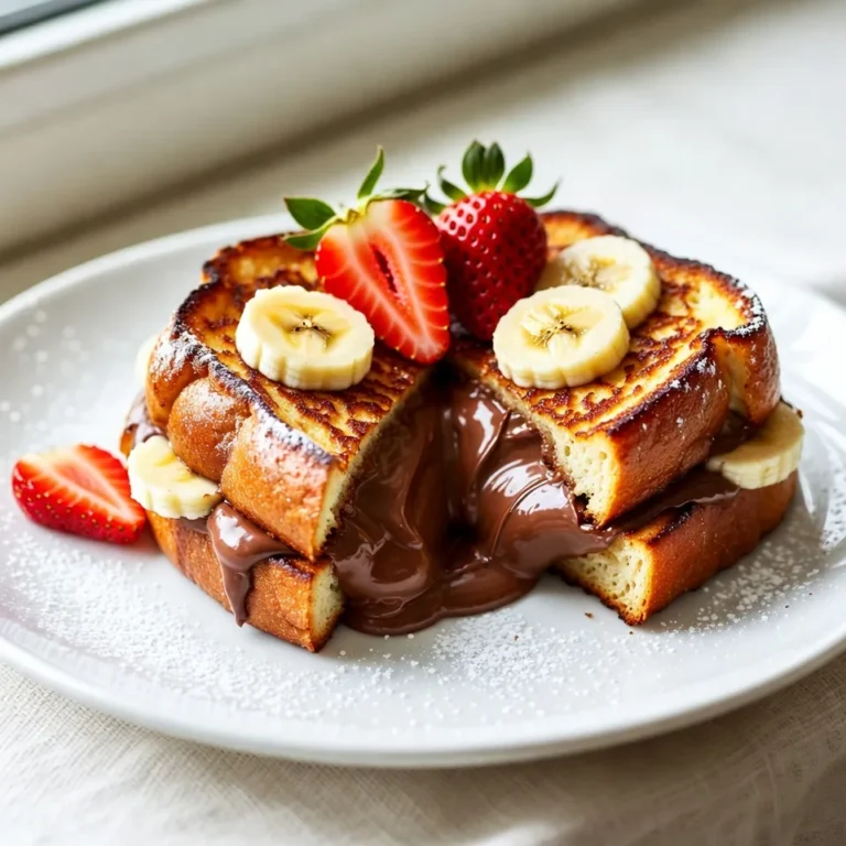 - 4 slices of thick bread (like brioche or challah) - 1/2 cup Nutella - 2 large eggs - 1/2 cup milk - 1 teaspoon vanilla extract - 1/2 teaspoon ground cinnamon - 1 tablespoon butter (for cooking) - Powdered sugar (for dusting) - Fresh strawberries and banana slices (for garnish) You can swap thick bread for any bread you like, such as sourdough or whole wheat. If you want a nut-free option, try sun butter instead of Nutella. For a dairy-free version, use almond milk or oat milk. You can also replace eggs with flax eggs for a vegan choice. Each serving of Nutella Stuffed French Toast has about 450 calories. It contains around 20 grams of fat, 55 grams of carbs, and 10 grams of protein. This dish is rich in energy, so it makes a great breakfast or brunch option. Enjoy it in moderation, especially if you are watching your sugar intake. {{ingredient_image_1}} First, take two slices of thick bread. I like using brioche or challah. Spread a generous tablespoon of Nutella on each slice. Make sure to cover it well. Next, place the other two slices on top of the Nutella. Now you have two tasty sandwiches! In a mixing bowl, crack two large eggs. Add 1/2 cup of milk, 1 teaspoon of vanilla extract, and 1/2 teaspoon of ground cinnamon. Whisk everything together until mixed well. Preheat your non-stick skillet or griddle over medium heat. Add 1 tablespoon of butter and let it melt. Dip each Nutella sandwich into the egg mixture. Ensure both sides are coated, but don&rsquo;t soak them too long. Once coated, place the sandwiches on the skillet. Cook for 3-4 minutes on each side. You want them golden brown and slightly crispy. After cooking, let them rest for a minute. Then, slice each sandwich diagonally. Dust the sandwiches with powdered sugar. This makes them look fancy! For a colorful touch, add fresh strawberries and banana slices on the side. They not only add flavor but also make the plate look great. Enjoy your Nutella stuffed French toast warm! To get the best texture in your Nutella stuffed French toast, choose thick bread. Brioche or challah work great. This type of bread keeps the filling warm and gooey. When you dip the sandwich in the egg mix, coat it well but don&rsquo;t soak it. A quick dip helps create a soft inside with a crispy outside. Cooking on medium heat makes sure it cooks evenly. This way, you avoid burning while the inside stays warm. Add a pinch of salt to the egg mixture. This small step lifts the flavor of the Nutella. You can also switch up the milk with almond or oat milk for a new taste. For extra richness, use cream instead of milk. You might want to sprinkle some extra cinnamon on top before serving. Fresh strawberries and banana slices add a nice touch. They bring freshness that balances the sweetness of Nutella. One common mistake is using thin bread. Thin bread can fall apart and not hold the filling. Another error is soaking the bread too long. This can lead to soggy French toast. Ensure your skillet is hot enough before adding the sandwiches. If it&rsquo;s not hot enough, they won&rsquo;t brown nicely. Lastly, don&rsquo;t skip the powdered sugar for dusting. It adds sweetness and makes your dish look fancy! Pro Tips Choose the Right Bread: Thick slices of bread, like brioche or challah, hold up well during cooking and provide a rich flavor. Control the Heat: Cooking on medium heat allows the French toast to cook evenly without burning, ensuring a golden brown exterior. Experiment with Fillings: While Nutella is delicious, try adding sliced bananas or strawberries inside the sandwich for extra flavor and texture. Presentation Matters: Dust with powdered sugar and add fresh fruits for a beautiful presentation that enhances the dining experience. {{image_2}} You can make Nutella stuffed French toast even better by adding berries. Strawberries, blueberries, or raspberries work great. Just sprinkle some fresh berries on top after you dust with powdered sugar. This adds color and a burst of flavor. The tartness of the berries balances the sweet Nutella. You can also mix berries into the filling for extra fruity goodness. Want a twist? Try savory Nutella stuffed French toast. Add a pinch of sea salt on the Nutella. This brings out the chocolate flavor. You can also add a slice of crispy bacon inside. The saltiness and crunch from the bacon pair nicely with the Nutella. For an even bolder choice, drizzle a bit of balsamic glaze on top. It adds a sweet and tangy contrast. Get creative with other fillings for your French toast. Peanut butter is a great match with Nutella. Spread peanut butter on one slice and Nutella on the other. The combo is rich and tasty. You can also use almond butter or cookie butter for a unique flavor. For a lighter option, try plain Greek yogurt with honey. It adds creaminess without being too sweet. You can keep leftover Nutella stuffed French toast in the fridge. Place them in an airtight container. They will stay fresh for up to three days. Make sure they cool off first before storing. This helps keep the bread from getting soggy. To reheat the French toast, use a skillet or toaster. Heat the skillet over medium-low heat. Cook each slice for about two minutes on each side. If using a toaster, set it to a low setting. This warms the toast without burning it. You can also freeze Nutella stuffed French toast for later. Wrap each slice tightly in plastic wrap. Place them in a freezer-safe bag. They can last for up to two months. When ready to eat, thaw them in the fridge overnight. Then, reheat them as mentioned above. Yes, you can use gluten-free bread. Just pick your favorite brand that tastes good. The key is to ensure the bread is thick enough to hold the Nutella. This way, your French toast will still be delicious and satisfying. Absolutely! Kids love Nutella. The sweet chocolate-hazelnut flavor makes this dish a hit. The fun of dipping and eating the stuffed French toast adds to the excitement. Just keep an eye on the cooking time to prevent burning. You can make this dish dairy-free by using plant-based milk. Almond milk or oat milk works well. You can also find dairy-free butter for cooking. This way, you keep the taste while making it suitable for those who avoid dairy. Making Nutella Stuffed French Toast is fun and easy. We covered the ingredients, possible swaps, and nutrition details. We also shared steps on preparing, cooking, and serving these tasty treats. Helpful tips helped you avoid mistakes and get the perfect texture. Plus, I shared some fun variations and storage ideas for leftovers. Now, you can enjoy this dish anytime. Explore new flavors and get creative. Happy cooking!