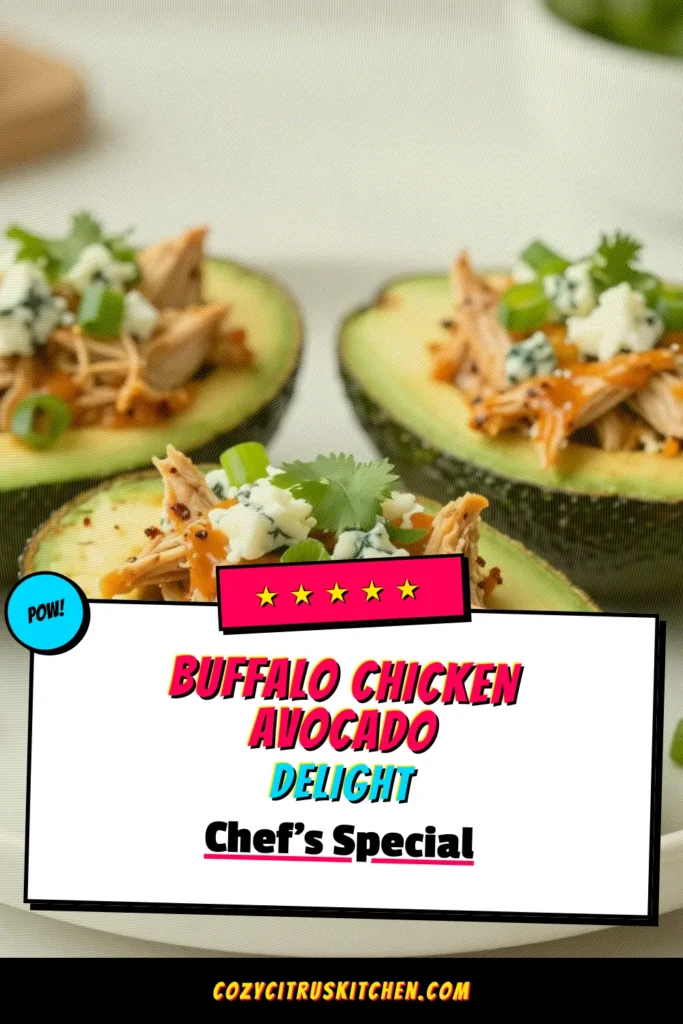 Indulge in this mouthwatering Buffalo Chicken Stuffed Avocados recipe that combines healthy buffalo chicken with creamy avocado for a perfect low-carb meal. Quick and easy, this stuffed avocado recipe is ideal for lunch or a light dinner. Each half is filled with a delicious mixture of shredded chicken, Greek yogurt, and buffalo sauce. Try this simple and satisfying easy buffalo chicken dish today! Save for later! #BuffaloChicken #AvocadoRecipes #HealthyEats #StuffedAvocados