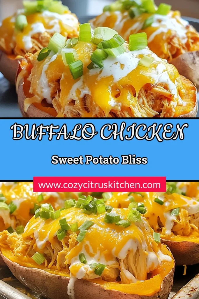 Discover the deliciousness of Buffalo Chicken Stuffed Sweet Potatoes! This easy recipe combines baked sweet potato fillings with juicy buffalo chicken for a healthy twist on comfort food. Perfect for weeknight dinners, these healthy buffalo chicken recipes are a crowd-pleaser. Try them today, and elevate your meals with this delightful Greek yogurt buffalo chicken dip topping. Save for later and impress your family! #HealthyEating #SweetPotatoes #BuffaloChicken #ComfortFood