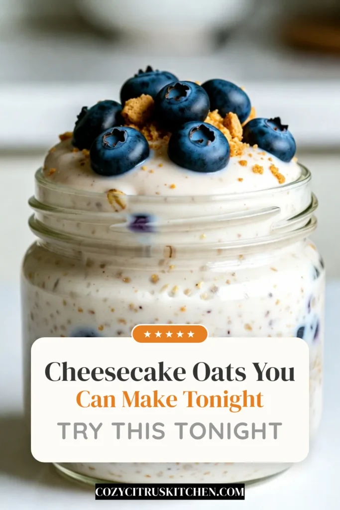 Looking for a delicious start to your day? Try these blueberry cheesecake overnight oats! This healthy overnight oats recipe combines creamy Greek yogurt and classic cheesecake flavors for an easy breakfast idea that's ready when you are. Perfect for busy mornings, this no-cook oatmeal recipe is simple to make, delicious, and packed with nutrition. Save this recipe and enjoy a delightful Greek yogurt breakfast parfait tomorrow! #OvernightOats #BreakfastRecipe #HealthyEating #OatmealIdeas