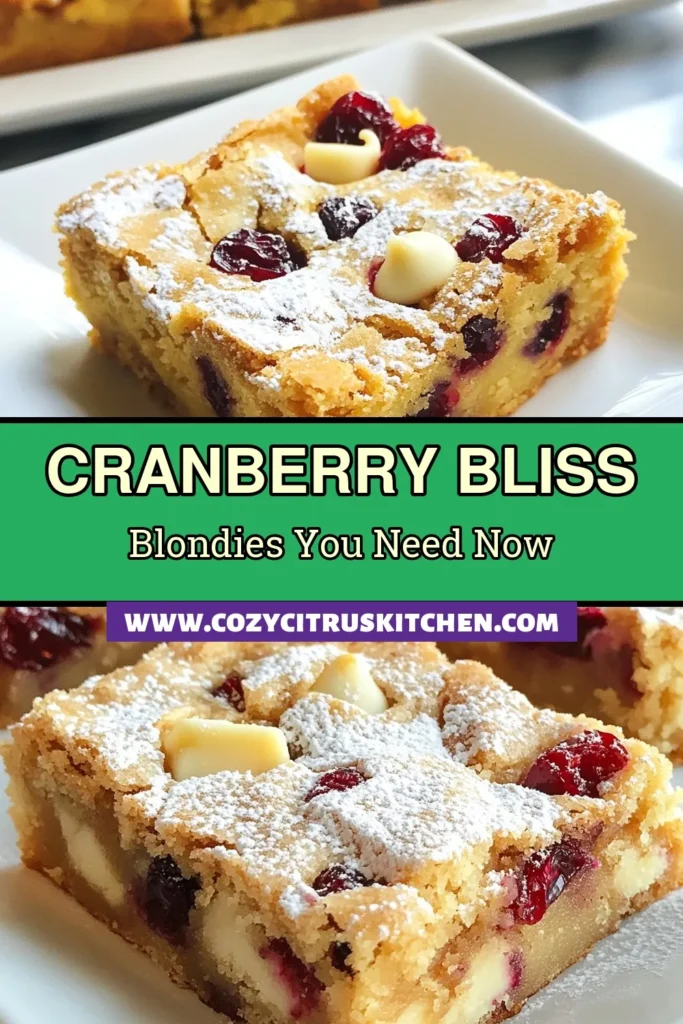 Indulge in the sweet flavors of the holiday season with this delicious cranberry blondies recipe! These white chocolate cranberries dessert blondies are not just an easy blondie recipe but a perfect treat for any festive gathering. Soft, creamy cranberry treats that everyone will love! Bake a batch and impress your friends and family with this delightful holiday dessert idea. Try it today and don’t forget to save for later! #CranberryBlondies #HolidayBaking #DessertIdeas #BlondieRecipe