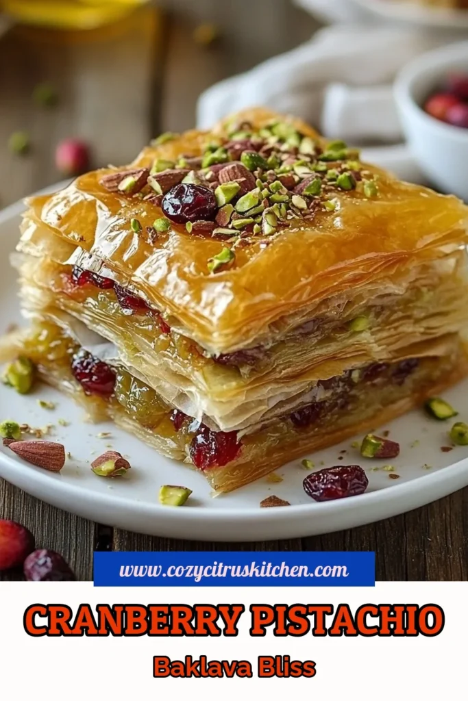 Indulge in the deliciousness of Cranberry Pistachio Baklava with this easy baklava recipe! This phyllo dough dessert is layered with sweet cranberries and crunchy pistachios, creating a perfect blend of flavors. Learn how to make homemade baklava that impresses at any gathering. Follow our simple steps and enjoy this delightful treat! Save the recipe and share your creations! #BaklavaWithCranberries #PhylloDough #DessertRecipe #EasyBaklavaRecipe
