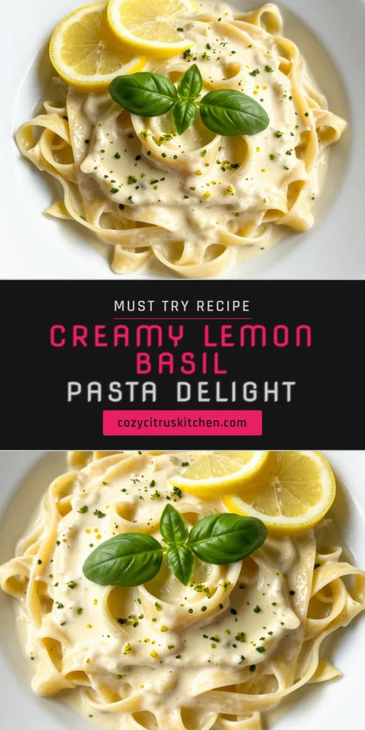 Indulge in a delectable Lemon Basil Pasta with this easy creamy fettuccine recipe! Bursting with fresh flavors from a zesty lemon garlic sauce and enriched with Parmesan cheese, this lemon basil creamy pasta is sure to delight your taste buds. Perfect for weeknight dinners, it’s quick to prepare and simply irresistible. Try it today and elevate your pasta game! Save this recipe for later! #LemonBasilPasta #CreamyFettuccineRecipe #EasyLemonPasta #ParmesanBasilPasta