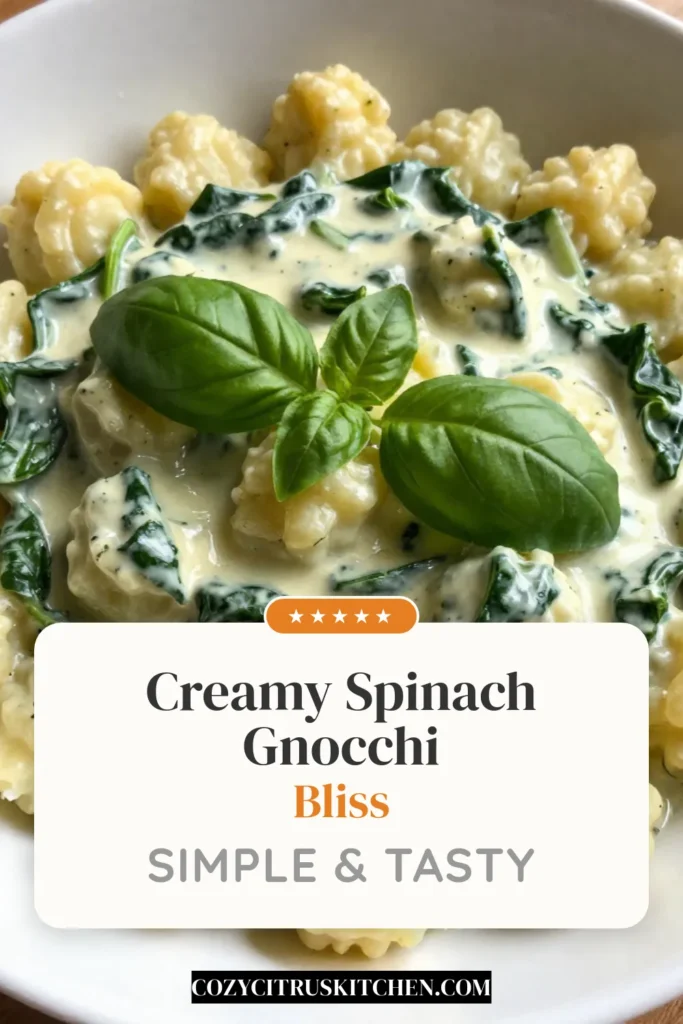 Indulge in this delicious Creamy Spinach Parmesan Gnocchi for a quick and satisfying meal! This easy spinach gnocchi dish combines tender potato gnocchi with a rich cream sauce, fresh spinach, and grated Parmesan. Perfect for a vegetarian dinner, this Spinach Parmesan gnocchi recipe takes just 20 minutes from start to finish. Save this recipe and enjoy a comforting bowl of creamy goodness tonight! #SpinachGnocchi #VegetarianRecipes #CreamyPasta #EasyDinnerIdeas