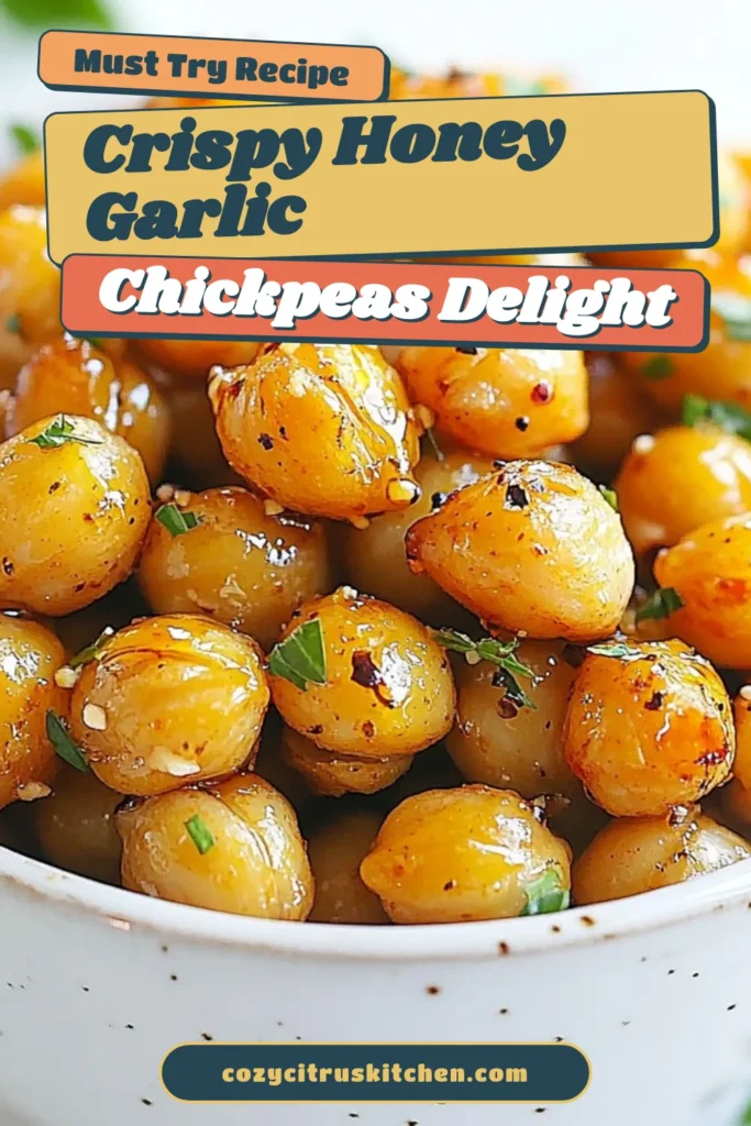 Discover the deliciousness of honey garlic chickpeas with this easy roasted chickpea recipe! Perfect for a healthy snack recipe or a vegetarian chickpeas appetizer, these crunchy bites are coated in a sweet and savory mixture that your taste buds will love. Ready in just 40 minutes, they're an ideal option for easy chickpea snacks anytime. Save this recipe now and enjoy a guilt-free treat! #HoneyGarlicChickpeas #HealthySnacks #VegetarianAppetizer #RoastedChickpeas