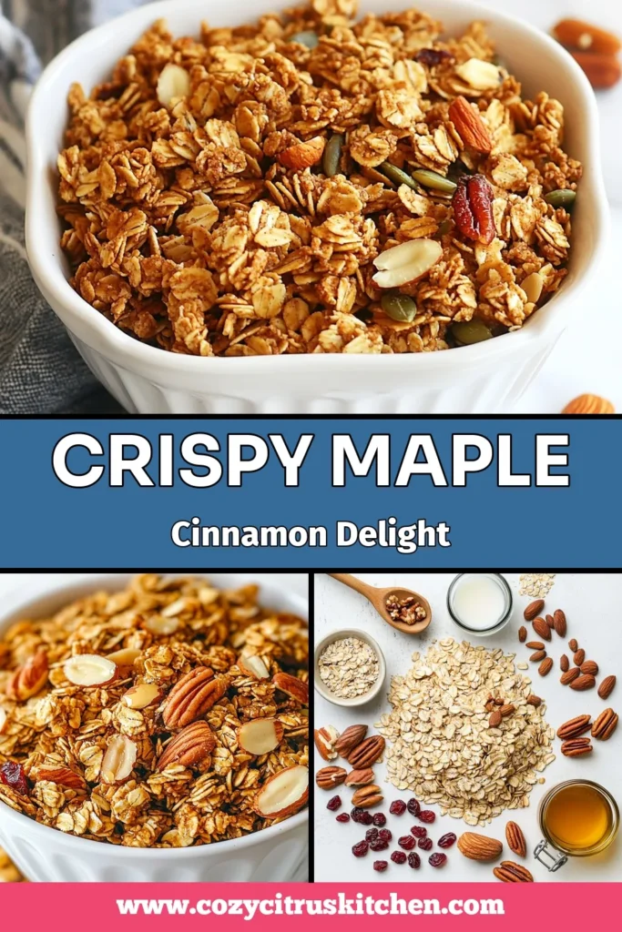 Start your day with a delicious and nutritious Maple Cinnamon Granola! This homemade granola recipe is packed with nuts and seeds, making it the perfect healthy breakfast recipe. With our easy granola recipe, you can enjoy a delightful blend of maple flavor and cinnamon crunch that will keep you satisfied. Perfect for topping yogurt or enjoying with milk. Try it out today and elevate your breakfast game! #MapleCinnamonGranola #HealthyBreakfast #GranolaWithNuts #EasyGranolaRecipe