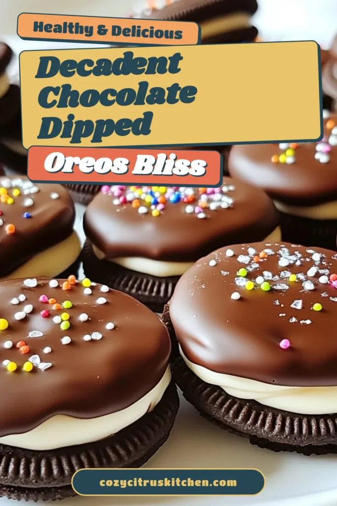 Indulge in these easy Chocolate Dipped Oreos, perfect for any occasion! This simple Oreos recipe transforms classic chocolate covered cookies into delightful festive Oreo treats. With just a few ingredients and a quick prep time, you can create a delicious chocolate dessert that will impress your friends and family. Melt, dip, and decorate your way to a sweet experience! Save this recipe for your next gathering! #ChocolateDippedOreos #EasyDessert #OreoRecipe #ChocolateCoveredCookies