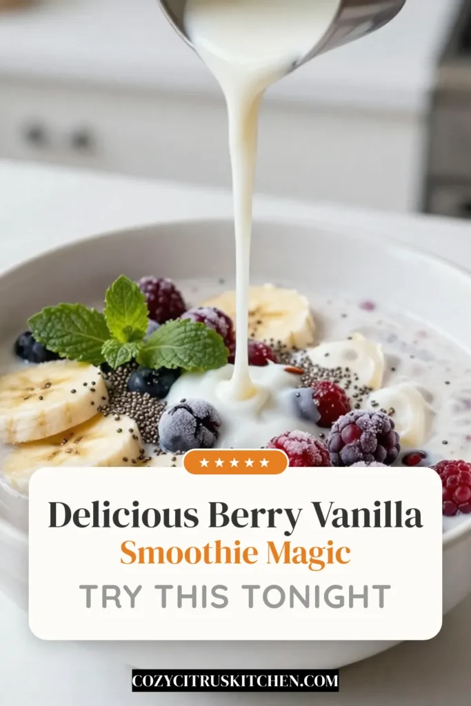 Discover the deliciousness of our berry vanilla protein smoothie! This healthy smoothie recipe combines frozen berries, banana, vanilla protein powder, and chia seeds for a creamy, nutrient-packed treat. Perfect as a quick breakfast or post-workout snack, this protein shake with banana is both energizing and satisfying. Try this easy chia seed smoothie recipe today and enjoy! Save it for later! #HealthySmoothie #BerryVanillaProteinSmoothie #FrozenBerrySmoothie #ProteinShakeWithBanana