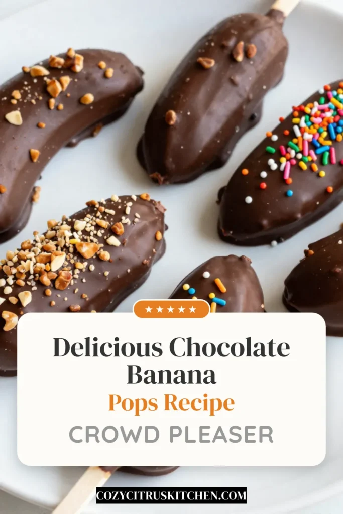 Indulge in these delicious chocolate covered banana pops, a perfect treat for all ages! This easy chocolate banana recipe transforms ripe bananas into delightful homemade banana pops, making them a great choice for healthy banana snacks. Freeze them for a refreshing dessert any time. Give this easy frozen dessert a try and enjoy a tasty way to enjoy fruit! Save this recipe now! #ChocolateCoveredBananaPops #HealthySnacks #FrozenDesserts #HomemadePops