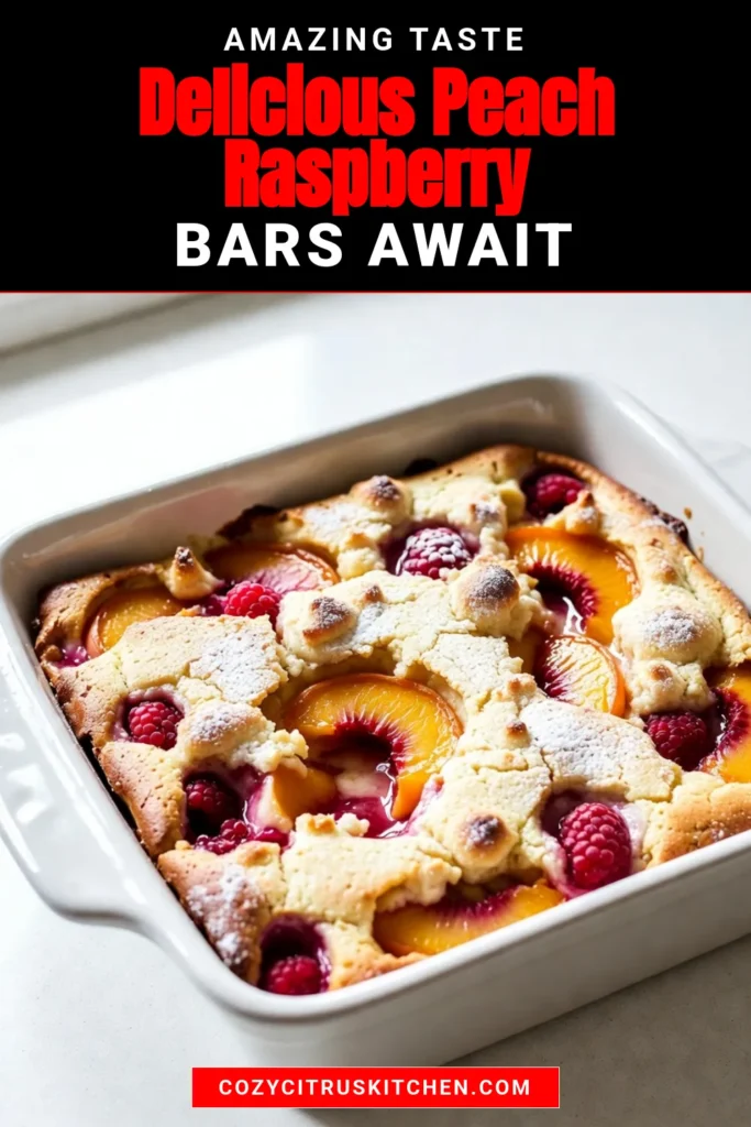 Indulge in these delightful peach raspberry cobbler bars, a must-try for summer! Perfect for your next gathering, these fresh fruit dessert bars are easy to make and bursting with flavor. Layered with sweet peaches and tart raspberries, they're a refreshing addition to any summer dessert recipes. Try this easy cobbler recipe today and impress your family and friends. Save this recipe for a delicious treat! #peachraspberrycobblerbars #easydesserts #freshfruitdessertbars #summerrecipes