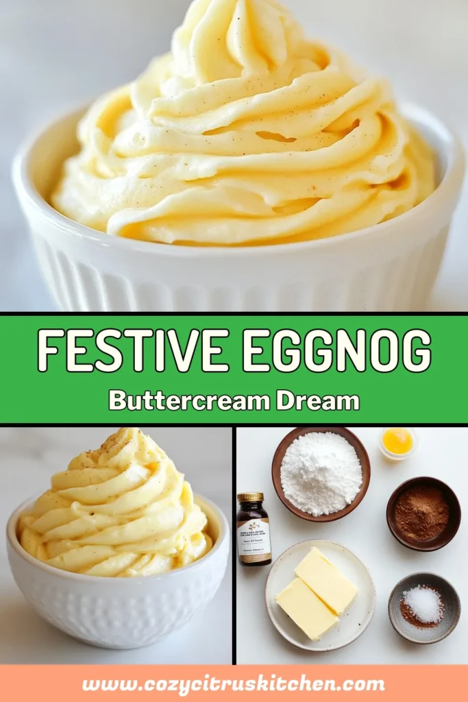 Indulge in the holiday spirit with this delightful Eggnog Buttercream Frosting! Perfect for Christmas desserts, this festive baking frosting combines creamy butter, eggnog, and a hint of nutmeg and cinnamon. Easy to make, our Eggnog Frosting Recipe is ideal for cupcakes, cakes, and more. Elevate your holiday treats and spread cheer with every bite! Try this delicious frosting today and add a festive touch to your baking. Save this recipe now! #EggnogButtercreamFrosting #HolidayFrostingRecipes #ChristmasDesserts #FestiveBakingFrosting