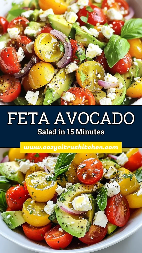 Discover the refreshing taste of Avocado Tomato Feta Salad! This Fresh Avocado Salad Recipe combines creamy avocados, juicy cherry tomatoes, and tangy feta for a delightful dish. Perfect as an Easy Tomato Salad with Feta, it’s healthy and bursting with flavor. Enjoy this Healthy Avocado and Feta Salad at your next gathering, or savor it solo. Get the recipe now and elevate your salad game! #AvocadoSalad #HealthyEats #TomatoFeta #FreshRecipes