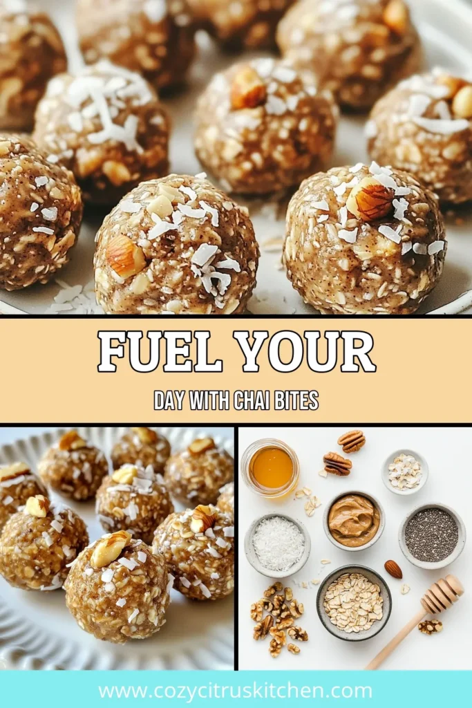Discover the perfect homemade snack balls with these Vanilla Chai Energy Bites! Packed with flavor and nutrition, these no-bake energy bites are ideal healthy energy snacks for busy days or post-workout refuels. This easy energy bite recipe combines rolled oats, almond butter, and a blend of aromatic spices. Whip up a batch and enjoy a delicious energy boost anytime. Save this recipe for your snack ideas! #EnergyBites #HealthySnacks #NoBakeRecipes #VanillaChai