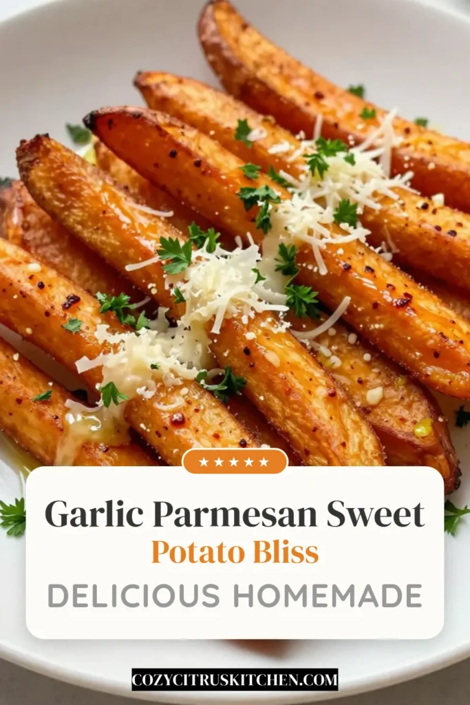 Discover the ultimate Garlic Parmesan Sweet Potato Fries recipe that will elevate your snack game! Enjoy these crispy, oven-baked sweet potato fries, seasoned to perfection with garlic and topped with savory Parmesan cheese. This healthy sweet potato fries recipe is easy to make and perfect for any occasion. Dive into this delicious treat and impress your guests! Don't forget to save for later! #SweetPotatoFries #HealthyRecipes #OvenBakedFries #GarlicLovers