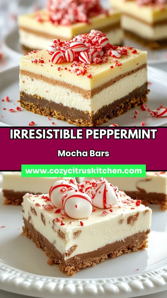Indulge in the holiday spirit with these delicious Peppermint Mocha Cheesecake Bars! Perfect for festive gatherings, this no-bake cheesecake bars recipe combines cream cheese and peppermint treats to create a decadent holiday dessert. These bars are easy to make and guaranteed to impress your guests. Try them for your next holiday party and make your dessert table shine! Save this recipe today! #PeppermintMocha #HolidayDesserts #NoBakeCheesecake #FestiveTreats