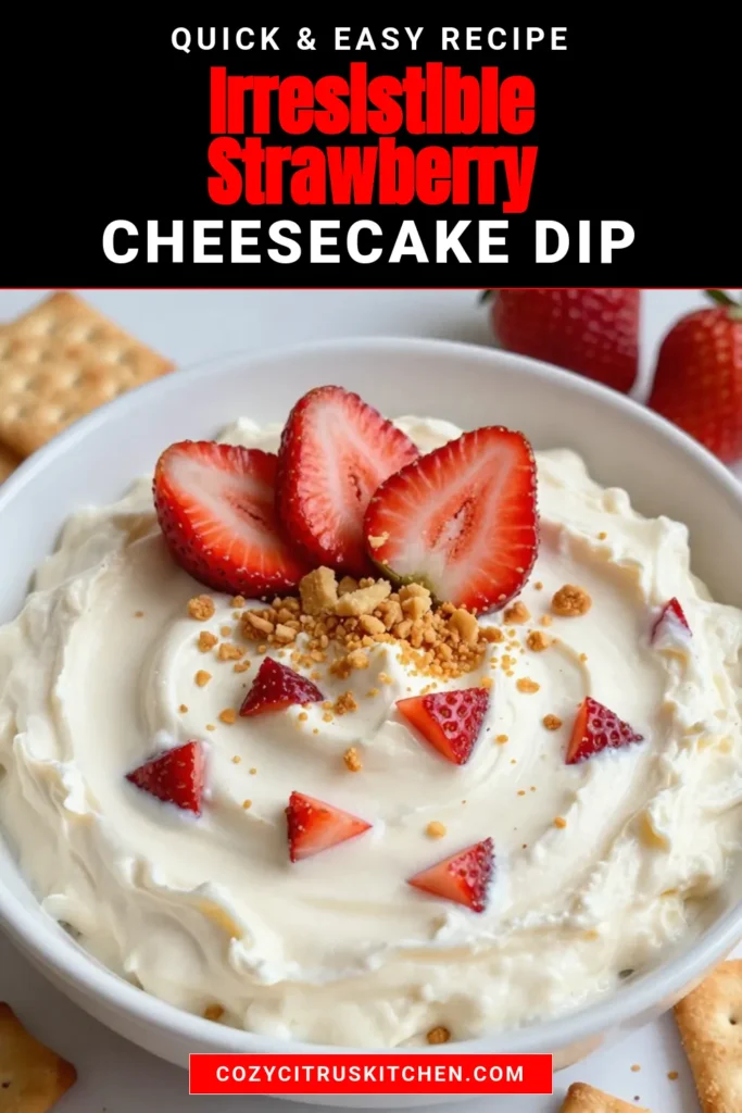 Indulge in this creamy and delightful Strawberry Cheesecake Dip, the perfect no-bake dessert everyone will love! This easy cream cheese dip recipe combines fresh strawberries and whipped topping for an irresistible flavor. Serve it with graham crackers for a fun fruit dip experience. Ready in just 10 minutes, it’s great for parties or a sweet snack. Save this recipe for your next gathering! #StrawberryCheesecakeDip #EasyDessertDip #NoBakeDip #FruitDipWithGrahamCrackers