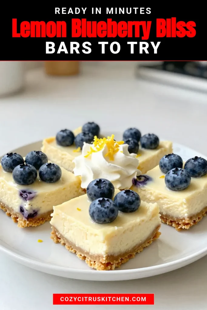 Discover the perfect summer treat with these Lemon Blueberry Cheesecake Bars, an easy no-bake cheesecake recipe that combines creamy lemon goodness and fresh blueberries. This easy cheesecake dessert is sure to impress at any gathering. Enjoy the delightful flavors of fresh blueberry desserts in every bite. Save this recipe for a refreshing treat that everyone will love! Try it today! #LemonBlueberryCheesecakeBars #EasyCheesecakeDessert #FreshBlueberryDesserts #NoBakeCheesecakeRecipe