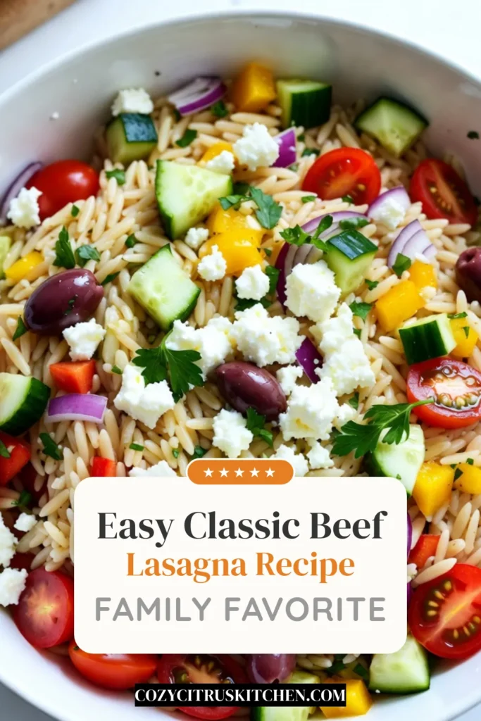 Discover the vibrant flavors of this Greek Orzo Salad with Feta, perfect for a healthy Mediterranean pasta salad. Packed with fresh vegetables, Kalamata olives, and creamy feta, this Greek orzo salad is a delightful addition to any meal. Whether you're looking for a refreshing lunch or a side dish for dinner, this healthy Greek salad recipe is a must-try. Save this recipe and enjoy a taste of the Mediterranean today! #GreekOrzoSalad #MediterraneanPastaSalad #HealthyGreekSalad #OrzoSaladWithFeta