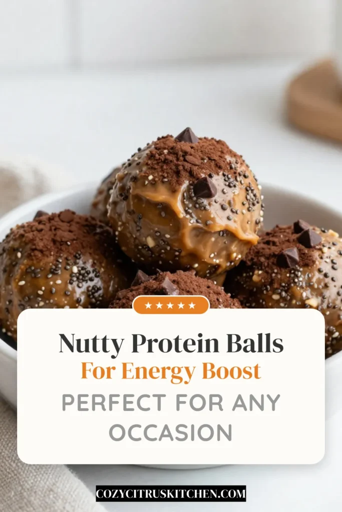 Looking for a delicious and nutritious treat? Try these nutty protein balls! Made with creamy peanut butter and chocolate protein powder, these no-bake protein balls are perfect for healthy snacks or a post-workout boost. Packed with energy from peanut butter energy bites and rolled oats, they’re simply irresistible. Save this recipe for your next healthy snack craving! #HealthySnacks #ChocolateProteinBalls #NuttyProteinBalls #NoBakeProteinBalls