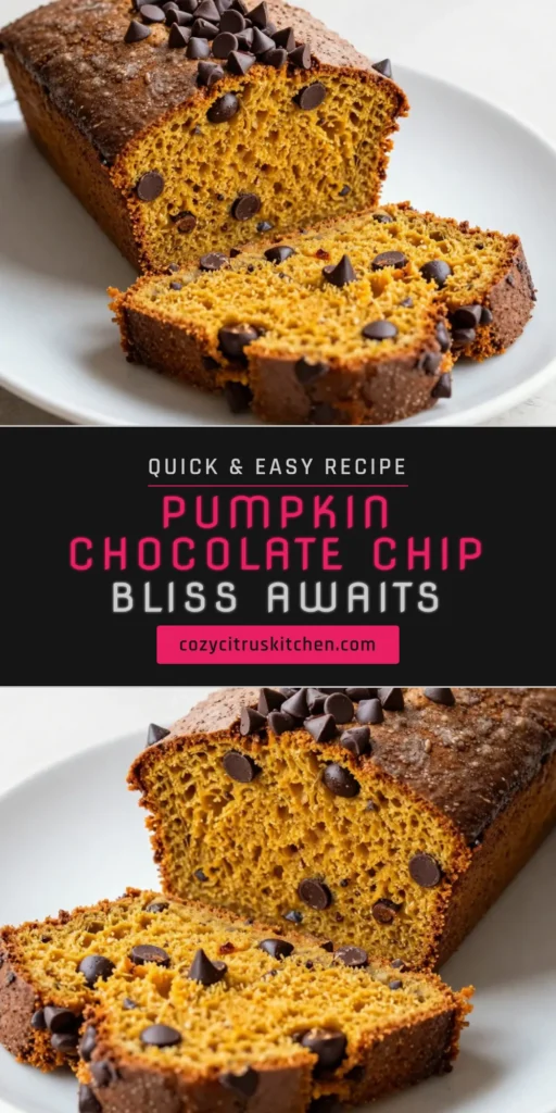 Indulge in the warmth of fall with this delicious pumpkin chocolate chip bread. This easy pumpkin bread recipe blends moist pumpkin with rich chocolate, creating a chocolate chip pumpkin loaf that’s perfect for any occasion! Enjoy this delightful pumpkin dessert as a cozy treat or a holiday gift. Ready in just 1 hour 15 minutes, it’s a must-try for your fall baking recipes. Save this recipe and bring joy to your kitchen! #PumpkinBread #FallBaking #PumpkinDessert #ChocolateChipLoaf