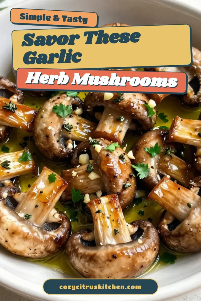 Discover the delicious simplicity of garlic herb roasted mushrooms with this easy roasted mushroom recipe. Perfect as a sautéed mushroom side dish or a tasty vegetarian snack, these baked mushrooms with herbs are packed with flavor from garlic, rosemary, and thyme. Elevate your meals with this quick recipe that takes just 35 minutes. Save this post to enjoy the ultimate garlic mushrooms anytime! #MushroomRecipe #GarlicMushrooms #VegetarianRecipes #EasyCooking