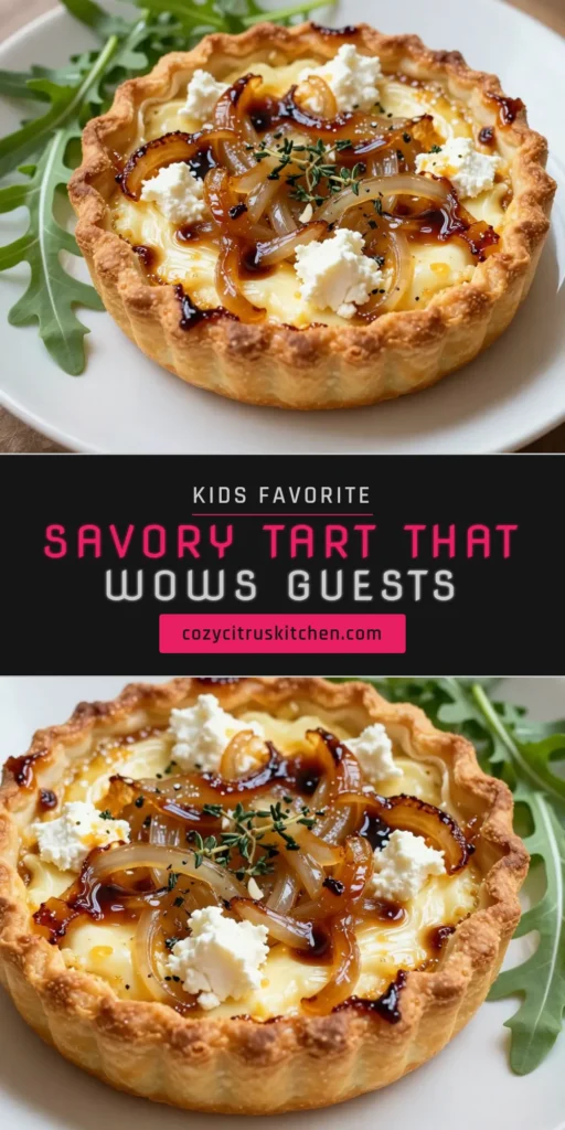 Indulge in this delicious caramelized onion goat cheese tart that's perfect for any occasion. This easy savory tart features a flaky puff pastry base topped with sweet balsamic onions and creamy goat cheese. Try our goat cheese tart recipe for a savory dish your guests will love. Bake it today and elevate your appetizer game! Don’t forget to save this caramelized onion tart for your next gathering. #PuffPastryTart #GoatCheeseTart #SavoryTart #FoodieIdeas