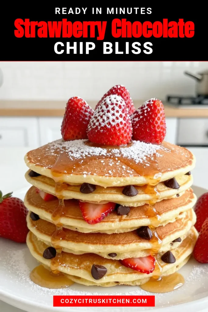 Indulge in the ultimate breakfast treat with these strawberry chocolate chip pancakes. This fluffy pancake recipe is easy to whip up, making it the perfect easy pancake breakfast for busy mornings. Each bite of these homemade pancakes with strawberries and gooey chocolate chips is simply irresistible. Top them with more strawberries and maple syrup for the ultimate indulgent pancake toppings. Save this recipe for your next brunch! #PancakeRecipes #BreakfastIdeas #Strawberries #HomemadePancakes