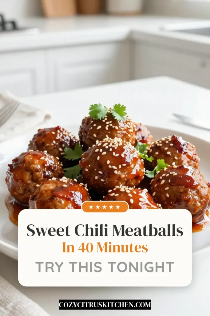 Looking for a delicious appetizer or main dish? Try these sweet chili meatballs! This baked meatball recipe features tender ground beef meatballs coated in a quick meatball glaze made from sweet chili sauce, soy sauce, and rice vinegar. Perfect for any occasion, these Asian meatballs are sure to impress your guests. Save this recipe for a flavorful meal that’s easy to make! #SweetChiliMeatballs #BakedMeatballRecipe #GroundBeefMeatballs #AsianMeatballs