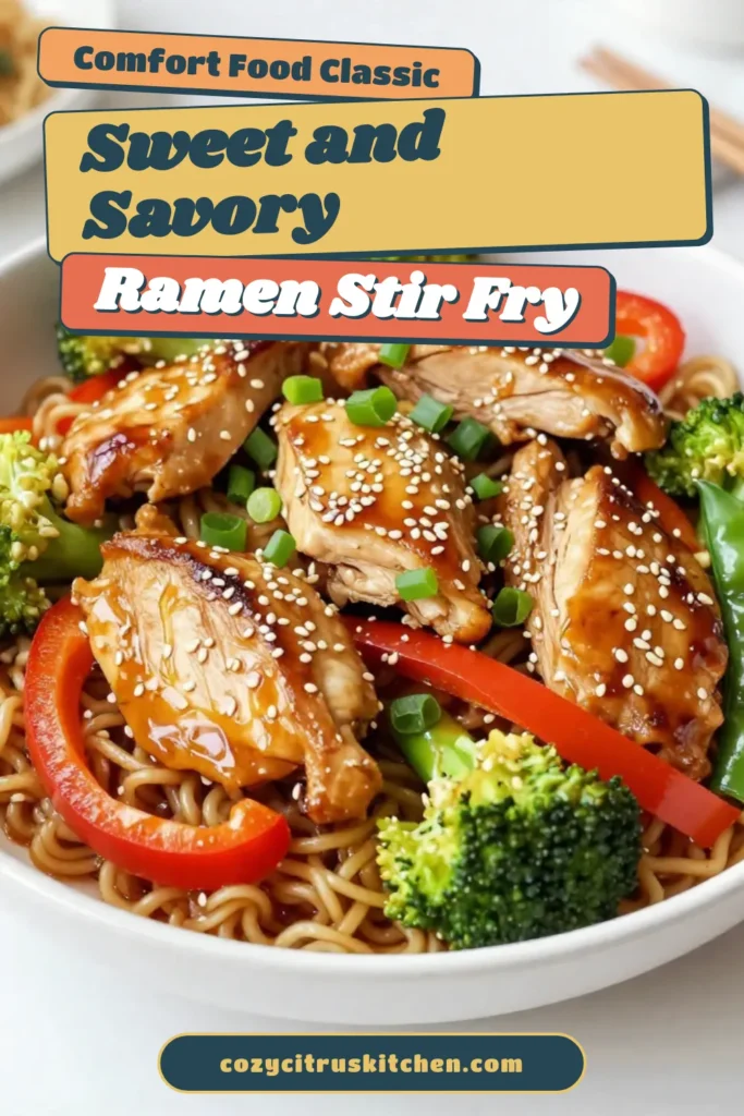 Elevate your dinner with this delicious Sesame Chicken Ramen Stir Fry! This quick ramen recipe combines tender chicken with healthy ramen noodles and fresh vegetables for a satisfying meal in just 30 minutes. Perfect for busy weeknights, this easy chicken stir fry is packed with flavor. Don't miss out on this Asian chicken stir fry recipe; your taste buds will thank you! Save this recipe for a quick and healthy weeknight dinner! #RamenRecipes #ChickenStirFry #HealthyDinner #AsianCuisine