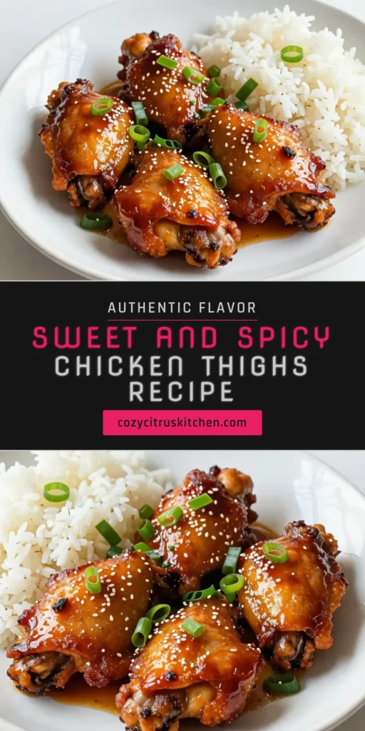Savor the delicious flavor of Sweet and Spicy Chicken Thighs! This easy chicken marinade combines honey, soy sauce, and sriracha for a mouthwatering honey garlic chicken recipe. Perfect as a spicy honey chicken dinner, these baked chicken thighs are sure to impress. Try this recipe for a quick weeknight meal that your family will love. Save this tasty dish for later! #SweetAndSpicyChickenThighs #EasyChickenMarinade #BakedChickenThighs #HoneyGarlicChickenRecipe