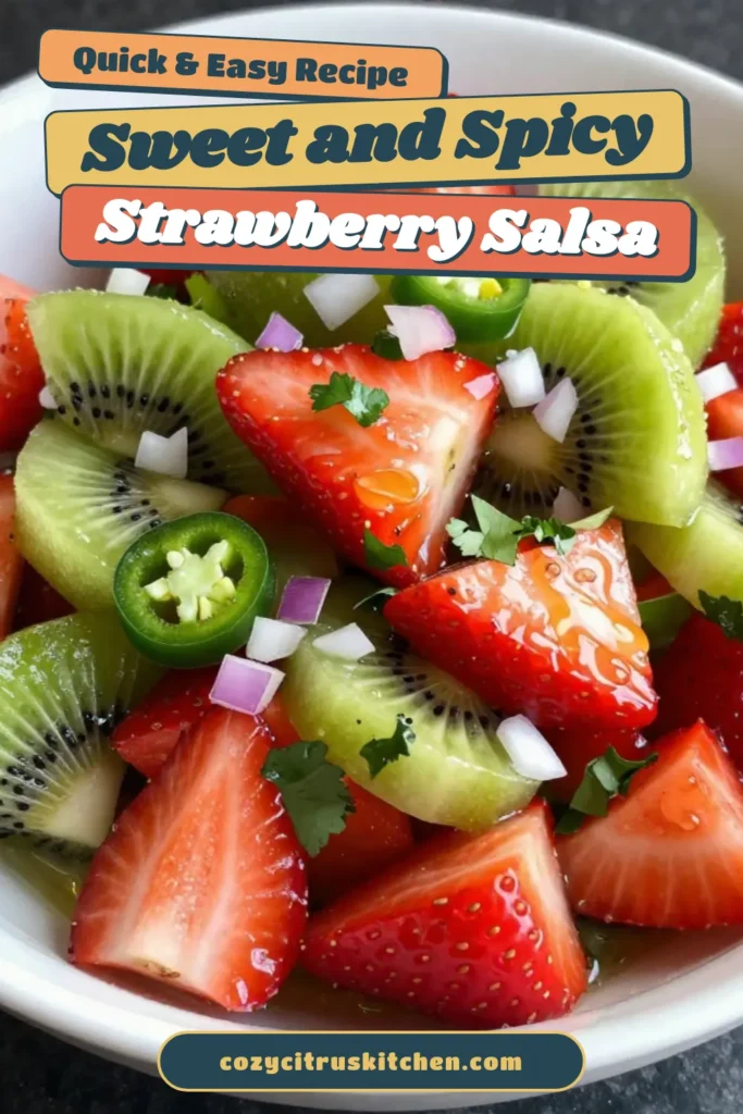 Discover a refreshing twist with this Strawberry Kiwi Salsa recipe! Perfect as a dip or a topping, this fresh fruit salsa combines juicy strawberries and tangy kiwis with a hint of spice. It's one of the easiest salsa recipes you'll find, packed with healthy ingredients and tropical flavors. Whip up this vibrant dish in just 15 minutes for a delightful addition to any meal. Save this healthy salsa idea for your next gathering! #StrawberryKiwiSalsa #FreshFruitSalsa #EasySalsaRecipes #TropicalFruitSalsa