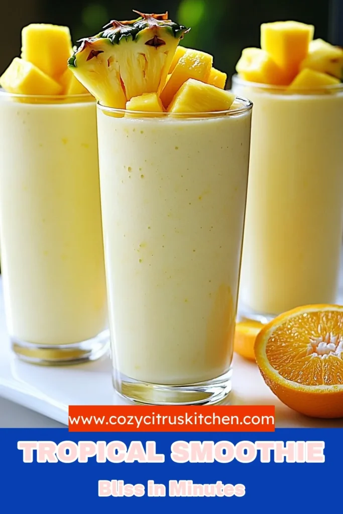 Revitalize your mornings with this delicious Tropic Sunrise Smoothie! This tropical smoothie recipe combines ripe banana, pineapple, and mango for a refreshing treat. Packed with nutrients and chia seeds, this healthy smoothie with coconut milk is perfect for a quick breakfast or snack. Ready in just 5 minutes, it’s a blend of flavors that'll transport you to a tropical paradise! Try this banana pineapple mango smoothie today! #TropicSunriseSmoothie #HealthySmoothie #TropicalSmoothieRecipe #CoconutMilkSmoothieRecipe