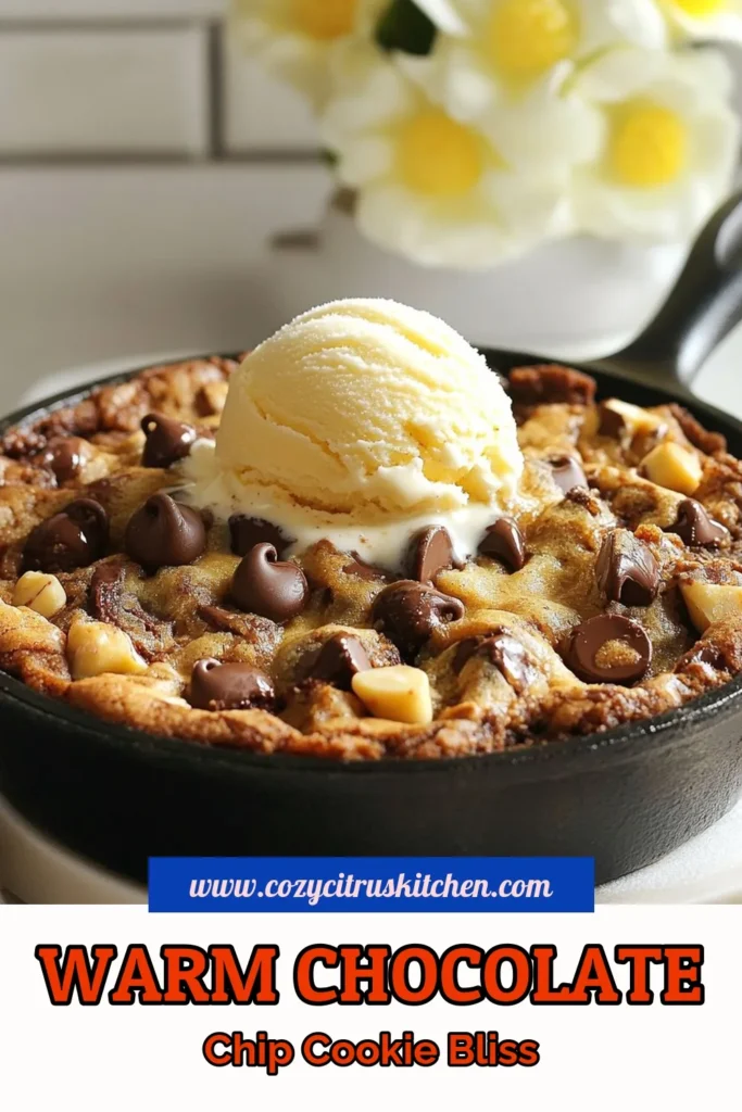 Indulge in the ultimate dessert with this delicious chocolate chip skillet cookie recipe! This easy chocolate chip cookie comes together in one pan and offers a warm, gooey treat, perfect when served with a scoop of vanilla ice cream. Create unforgettable moments with every bite of this baked cookie in skillet. Don't miss out on your new favorite dessert! Save this recipe today! #ChocolateChipSkilletCookie #SkilletCookieRecipe #EasyChocolateChipCookies #BakedCookieInSkillet