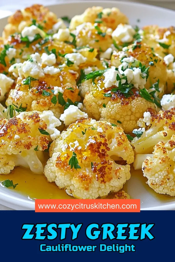 Discover the vibrant flavors of Greek roasted cauliflower with this delightful lemon roasted cauliflower recipe. This healthy cauliflower side dish is perfect for any meal, combining the crunch of roasted florets with zesty lemon and creamy feta cheese. Easy to make, this Mediterranean cauliflower recipe will be a hit at your dinner table. Save this recipe now and start cooking a delicious dish that everyone will love! #GreekRoastedCauliflower #HealthyRecipes #MediterraneanDiet #CauliflowerLove