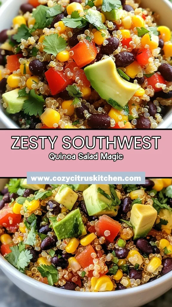 Discover the vibrant flavors of this Southwest Quinoa Salad! This easy quinoa salad is packed with nutritious ingredients like black beans, corn, and fresh veggies, making it the perfect healthy quinoa salad for meal prep or a quick lunch. Try this vegetarian Southwest salad recipe that’s not only delicious but also visually stunning. Save this recipe for your next healthy meal inspiration! #QuinoaSaladRecipe #HealthyEating #VegetarianRecipes #EasyRecipes