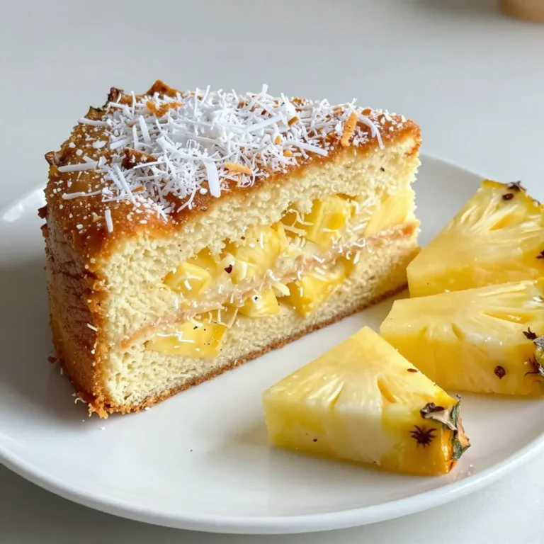 - 1 ½ cups all-purpose flour - 1 cup granulated sugar - 1 teaspoon baking powder - ½ teaspoon baking soda - ½ teaspoon salt - ½ cup unsweetened shredded coconut - ½ cup crushed pineapple, well-drained - ½ cup unsalted butter, softened - 2 large eggs - ½ teaspoon vanilla extract - ½ cup coconut milk - ¼ cup crushed pineapple juice (from the can) - Optional: Toasted coconut flakes for garnish Gathering the right ingredients is key to a great Tropical Pineapple Coconut Cake. Each item plays an important role in the final taste and texture. First, I use 1 ½ cups of all-purpose flour. This gives the cake its structure. Next, 1 cup of granulated sugar adds sweetness and helps with browning. I add 1 teaspoon of baking powder and ½ teaspoon of baking soda. These leavening agents help the cake rise and stay light. ½ teaspoon of salt enhances flavor, balancing the sweetness. ½ cup of unsweetened shredded coconut brings a chewy texture and rich coconut flavor. I use ½ cup of crushed pineapple. Make sure to drain it well. This adds moisture and a fruity taste. ½ cup of unsalted butter, softened, creates a rich base for the batter. I include 2 large eggs for binding and moisture. ½ teaspoon of vanilla extract adds depth to the flavor. For a tropical twist, ½ cup of coconut milk gives the cake a creamy texture. Finally, I add ¼ cup of crushed pineapple juice from the can for extra pineapple flavor. Optionally, I sprinkle toasted coconut flakes on top for a crunchy garnish. These ingredients make a delightful cake that tastes like a tropical vacation! {{ingredient_image_1}} - Preheat your oven to 350°F (175°C). - Grease and flour a 9-inch round cake pan. This helps the cake come out easily. - In a large bowl, combine 1 ½ cups of flour, 1 cup of sugar, 1 teaspoon of baking powder, ½ teaspoon of baking soda, and ½ teaspoon of salt. - Whisk these ingredients together until they blend well. This step gives your cake a good rise. - Add ½ cup of softened butter, 2 large eggs, ½ teaspoon of vanilla extract, ½ cup of coconut milk, and ¼ cup of crushed pineapple juice to the dry mix. - Use an electric mixer on medium speed for about 3 minutes. Keep mixing until the batter is smooth and well mixed. - Gently fold in ½ cup of shredded coconut and ½ cup of well-drained crushed pineapple. - Make sure these ingredients spread evenly in the batter. This adds rich flavor and texture. - Pour the batter into the prepared cake pan. - Smooth the top with a spatula. Bake in your preheated oven for 30-35 minutes. - The cake is done when a toothpick comes out clean from the center. - After baking, cool the cake in the pan for 10 minutes. - Then, transfer it to a wire rack to cool completely. - For a fun touch, you can sprinkle toasted coconut flakes on top after it cools. This adds crunch and flavor. To make the best Tropical Pineapple Coconut Cake, well-drained pineapple is key. Too much juice can make the cake soggy. Gently press the pineapple with a paper towel to remove excess moisture. Using room temperature ingredients also helps. Softened butter mixes easily with sugar, giving you a light batter. Eggs should also be at room temperature. This makes for a smoother mixture. You can add a touch of cinnamon or nutmeg for more flavor. Just a pinch brings warmth to the cake. A splash of coconut extract can boost the coconut flavor too. When serving, pair the cake with sweet iced tea or coconut milk. The drinks balance the cake's sweetness nicely. You can even serve it with a dollop of whipped cream for extra creaminess. Serving your cake nicely makes it even more special. Use decorative plates for each slice. Garnish with fresh pineapple wedges and a sprinkle of shredded coconut on top. This adds a fun tropical touch and makes the cake look beautiful. Optionally, toasted coconut flakes add crunch and style, making your cake not just tasty but stunning as well. Pro Tips Use Fresh Ingredients: For the best flavor, use fresh crushed pineapple and high-quality coconut milk. This will enhance the tropical taste of your cake. Check for Doneness: Baking times can vary, so start checking your cake a few minutes before the recommended time. A toothpick should come out clean. Decorate with Style: Toasting coconut flakes before garnishing adds a delightful crunch and elevates the presentation of your cake. Let it Cool Completely: Allow the cake to cool completely on a wire rack before slicing. This helps maintain its structure and texture. {{image_2}} To make a gluten-free Tropical Pineapple Coconut Cake, swap the all-purpose flour for gluten-free flour. You can use a blend that works well for baking. For sugar, try coconut sugar to keep it natural. It adds a slight caramel flavor while keeping it gluten-free. You can add nuts like walnuts or pecans for a nice crunch. Consider folding in some chopped mango or banana for a fruity twist. For frosting, try coconut cream frosting. Mix coconut cream with powdered sugar and a splash of vanilla. This adds a rich, creamy layer to your cake. For special occasions, think about adding festive ingredients. Use cinnamon or nutmeg for a warm touch during fall. You can even decorate with edible flowers or colorful fruit for summer parties. For winter holidays, sprinkle powdered sugar to mimic snow. These small touches make your cake shine for any celebration. To keep your Tropical Pineapple Coconut Cake fresh, store it in the fridge. Place the cake in an airtight container. If you do not have one, cover it tightly with plastic wrap. The cake stays fresh for about 3 to 4 days in the fridge. This helps maintain its moist texture and flavor. If you want to keep the cake longer, freezing is a great option. First, let the cake cool completely. Wrap it well in plastic wrap. Then, place it in a freezer-safe bag or container. The cake can last up to 3 months in the freezer. To thaw, move it to the fridge overnight before serving. This keeps it from getting soggy. Use plastic wrap for wrapping the cake. It seals in moisture well. You can also use aluminum foil for extra protection. If you freeze individual slices, wrap each slice separately. This makes it easy to grab a piece whenever you want a treat. To make this cake dairy-free, you can use coconut milk instead of regular milk. For the butter, use a dairy-free alternative. Options include coconut oil or vegan butter. Both give a nice texture and flavor. This way, you can keep the tropical taste while avoiding dairy. Yes, you can use fresh pineapple! Fresh pineapple adds a bright and juicy flavor. Just peel, core, and chop your pineapple into small pieces. However, fresh pineapple has more moisture. You might need to adjust the batter. Drain any extra juice to keep the cake from becoming too wet. Canned pineapple is easier and gives a consistent taste. To test if your cake is done, use a toothpick or a cake tester. Stick it in the center of the cake. If it comes out clean or with a few crumbs, the cake is ready. If it has wet batter on it, give it a few more minutes. Baking times can vary, so keep an eye on it! To make a layered cake, double the recipe. Bake two 9-inch round cakes. After cooling, place one layer on a serving plate. Spread frosting on top before adding the second layer. You can use cream cheese frosting or whipped coconut cream for a tropical twist. Decorate the top with toasted coconut or fresh fruit for extra flair! This article covered the key ingredients and steps to make a delicious tropical cake. I shared useful tips for texture, flavor, and presentation. You can also explore variations to suit your needs, like gluten-free options. The storage tips ensure your cake stays fresh for longer. Enjoy creating this cake to impress friends and family. Remember, baking can be fun and rewarding, so don’t be afraid to experiment! Happy baking!