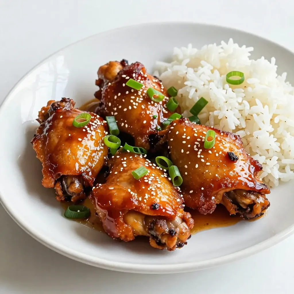 - 4 bone-in, skin-on chicken thighs - 1/4 cup honey - 2 tablespoons soy sauce - 2 tablespoons apple cider vinegar - 1 tablespoon sriracha (adjust to taste) - 3 cloves garlic, minced - 1 tablespoon fresh ginger, grated - 1 teaspoon smoked paprika - 1/2 teaspoon black pepper - 1/2 teaspoon salt - 2 green onions, sliced (for garnish) - Sesame seeds (for garnish) To make these sweet and spicy chicken thighs, you need a few tools. Grab a skillet, an oven-safe dish, and a resealable bag. Using bone-in, skin-on chicken thighs is key. The skin adds flavor and keeps the meat juicy. Bone-in thighs stay moist during cooking. This makes every bite tender and flavorful. You can switch things up if you want. Try boneless thighs, but keep in mind that cooking times change. Enjoy the cooking journey. It's all about finding what you love! {{ingredient_image_1}} - Preheat the oven: Set your oven to 400°F (200°C). This helps cook the chicken evenly. - Mix the marinade ingredients: In a bowl, combine the following: - 1/4 cup honey - 2 tablespoons soy sauce - 2 tablespoons apple cider vinegar - 1 tablespoon sriracha - 3 cloves garlic, minced - 1 tablespoon fresh ginger, grated - 1 teaspoon smoked paprika - 1/2 teaspoon black pepper - 1/2 teaspoon salt Whisk these until smooth and well blended. - Marinate chicken thighs: Place 4 bone-in, skin-on chicken thighs in a large bag. Pour the marinade over them, making sure to coat each piece. Seal the bag and refrigerate for at least 30 minutes. For a deeper flavor, marinate for up to 4 hours. - Searing the chicken thighs: After marinating, take the chicken out and let it sit for 10 minutes. Heat an oven-safe skillet over medium-high heat. Place the chicken skin-side down in the hot skillet. Sear for 5-7 minutes, or until the skin turns crispy and golden. - Baking in the oven: Flip the chicken thighs over in the skillet. Pour the reserved marinade on top. Transfer the skillet to the oven. Bake for 25-30 minutes, or until the internal temperature reaches 165°F (75°C). - Checking for doneness: Use a meat thermometer to check the temperature. This ensures the chicken is safe to eat. - Resting period for the chicken: Once cooked, take the chicken out of the oven. Let it rest for 5-10 minutes. This keeps it juicy. - Presentation and serving suggestions: Serve the chicken on a platter. Drizzle with the pan sauce. Garnish with sliced green onions and sesame seeds. This dish pairs well with steamed jasmine rice or sautéed vegetables for a colorful meal. Marinate your chicken thighs for at least 30 minutes. For the best flavors, go up to 4 hours. This gives the chicken time to soak up the sweet and spicy marinade. You can make the marinade a day ahead. Just store it in the fridge in an airtight container. It saves time and boosts flavor. To get crispy skin, preheat your oven to 400°F (200°C). Sear the chicken skin-side down for 5-7 minutes in a hot skillet. This creates a golden crust. To keep your chicken juicy, avoid overcooking. Cook it until it reaches 165°F (75°C). Let it rest for 5-10 minutes after baking. This helps the juices stay inside. Serve your chicken thighs with steamed jasmine rice or sautéed vegetables. These sides complement the dish well. For a beautiful presentation, drizzle the pan sauce over the chicken. Garnish with sliced green onions and sesame seeds. This adds color and makes your plate look fancy. Pro Tips Marinate for Maximum Flavor: For the best flavor, marinate the chicken thighs for at least 2 hours, or overnight if possible. This allows the flavors to penetrate deeply into the meat. Ensure Crispy Skin: To achieve perfectly crispy skin, make sure to pat the chicken thighs dry with paper towels before searing them in the skillet. Check Internal Temperature: Always use a meat thermometer to check that the chicken reaches an internal temperature of 165°F (75°C) for safe consumption. Rest Before Serving: Let the chicken rest for 5-10 minutes after cooking. This helps the juices redistribute, ensuring juicy and tender meat. {{image_2}} You can change the sweetener in this recipe. Try using maple syrup or agave instead of honey. Both can give a nice flavor twist. You can also switch the hot sauce. Use a different one if you prefer a milder or hotter taste. Grilling the chicken can add a smoky flavor. Just marinate and then cook it on the grill. You can also bake it in the oven, as the recipe suggests. If you prefer, use a slow cooker. Cook the marinated chicken on low for about six hours for tender results. Think about adding different spices. For a Cajun twist, use Cajun seasoning. If you want a Caribbean vibe, add allspice or jerk seasoning. Also, you can tweak the sauce. Adding coconut milk can give it a tropical feel. Each change can transform the dish into something special. To keep your cooked chicken thighs fresh, store them properly. First, let the chicken cool down to room temperature. Then, place the chicken thighs in an airtight container. You can also use a resealable plastic bag. This keeps moisture in and air out. If you plan to eat them later in the week, refrigerate them. If you want to save them for longer, freezing is best. - Refrigerate: Store in the fridge for up to 4 days. - Freeze: For longer storage, freeze for up to 3 months. When you’re ready to enjoy the leftovers, reheating is key. The oven works best for keeping the chicken juicy. Set your oven to 350°F (175°C). Place the chicken in an oven-safe dish. Cover it with foil to keep moisture in. Heat for about 15-20 minutes, or until warmed through. If you’re short on time, the microwave is a quick option. Place the chicken on a microwave-safe plate. Cover it with a damp paper towel to trap steam. Heat in short bursts of 30 seconds. Check often to avoid drying it out. Cooked chicken can last in the fridge for about 4 days. If frozen, it can remain safe for up to 3 months. Always check for signs of spoilage. Look for changes in color or smell. If the chicken feels slimy or has an off odor, it’s best to discard it. Keeping your chicken thighs safe ensures they stay delicious! To add more heat, try these tips: - Use more sriracha in the marinade. - Add red pepper flakes for extra kick. - Include chopped fresh jalapeños or serrano peppers. - Substitute the sriracha with a hotter sauce. - Serve with a spicy dipping sauce on the side. These tweaks will boost the spice level and enhance the flavor. Yes, you can use boneless chicken thighs. - Cut the cooking time by about 10 minutes. - Ensure the internal temperature reaches 165°F (75°C). - You may need less marinade, so adjust amounts. - Boneless thighs can cook faster, so watch closely. This change will still give you a tasty dish. Absolutely! This recipe works well for meal prep. - Marinate the chicken ahead of time for quick cooking. - Cook a batch and store in airtight containers. - Refrigerate for up to 4 days or freeze for longer. - Reheat in the oven or microwave for best results. Meal prep makes enjoying this dish easy and fun! This recipe for honey garlic chicken thighs gives you a great mix of flavors. You learned about the key ingredients and the steps to make it tasty. I shared tips for marinating and cooking so your chicken stays juicy. You can even try different flavors or storage methods. Remember, this dish is not just about taste—it's fun to prepare and share. Try it out and enjoy the delicious results!