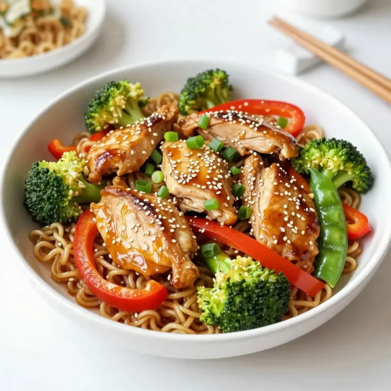 - 2 packs of instant ramen noodles, discard the seasoning packets - 1 lb boneless, skinless chicken thighs, thinly sliced - 2 tablespoons sesame oil - 1 tablespoon vegetable oil - 3 cloves garlic, minced - 1 inch ginger, grated - 1 bell pepper (red or yellow), sliced - 1 cup broccoli florets - 1 cup snap peas - 3 tablespoons soy sauce - 2 tablespoons honey - 1 tablespoon rice vinegar - 2 green onions, chopped - 1 tablespoon sesame seeds - Salt and pepper to taste You can make this dish even better with some add-ins. Consider adding: - Carrots for extra crunch and color - Mushrooms for an earthy flavor - Baby corn for sweetness - Spinach for a boost of greens Feel free to mix and match based on what you have at home. This dish offers a balanced meal. Each serving provides: - Protein from chicken - Carbs from ramen - Healthy fats from sesame oil - Vitamins from fresh veggies For a rough estimate, each serving has about: - Calories: 450 - Protein: 30g - Carbs: 50g - Fats: 15g Adjust your portions based on your needs. {{ingredient_image_1}} First, boil water in a pot. Once the water bubbles, add the ramen noodles. Cook them for about 3-4 minutes. They should be soft but firm. After cooking, drain the noodles and set them aside. Next, heat sesame oil and vegetable oil in a large skillet over medium-high heat. Add the thinly sliced chicken thighs to the hot oil. Season the chicken lightly with salt and pepper. Stir-fry for about 5-7 minutes. You want the chicken to turn golden brown and be fully cooked. Once the chicken is done, add minced garlic and grated ginger to the skillet. Stir-fry these for 1-2 minutes. This helps release a great aroma. Then, toss in the sliced bell pepper, broccoli florets, and snap peas. Stir-fry for another 3-4 minutes until the veggies are tender-crisp. In a small bowl, mix soy sauce, honey, and rice vinegar. Once combined, pour this sauce over the chicken and veggies in the skillet. Stir well to coat everything evenly. Now, gently fold in the cooked ramen noodles. Make sure the noodles are well-coated with the sauce. Cook everything together for another 2-3 minutes to heat through. Finally, remove the skillet from heat. Sprinkle with chopped green onions and sesame seeds. Toss everything lightly to combine. Enjoy your meal! To boost flavor, use fresh ingredients. Fresh garlic and ginger add depth. Instead of plain soy sauce, try a low-sodium version. Honey gives a sweet touch, while rice vinegar adds tang. You can also add chili flakes for heat if you like spice. Experiment with sesame seeds; toasted ones have a richer flavor. For tender chicken, avoid overcooking. Slice the chicken thinly for faster cooking. Keep the heat medium-high to get a nice sear. Cook veggies until tender-crisp for a great bite. Do not overcrowd the pan; this helps evenly cook everything. When adding ramen, fold gently to keep it from breaking apart. Don't skip the seasoning on the chicken. A little salt and pepper make a big difference. Avoid cooking the noodles too long; they should be al dente. If you add sauce too early, it can burn. Lastly, remember to toss the dish before serving to mix the flavors evenly. Pro Tips Marinate the Chicken: For extra flavor, marinate the chicken thighs in soy sauce, honey, and sesame oil for at least 30 minutes before cooking. Veggie Variations: Feel free to swap out the vegetables based on what you have on hand; carrots, zucchini, and mushrooms work great too! Adjusting Spice Levels: If you like a bit of heat, add some red pepper flakes or sriracha to the sauce for a spicy kick. Make it a Meal Prep: This stir fry is perfect for meal prep. Divide into containers and store in the fridge for up to 3 days. {{image_2}} You can easily make this dish vegetarian. Replace the chicken with tofu. Tofu absorbs flavors well, making it a great choice. Use firm or extra-firm tofu for the best texture. Cut it into cubes and sauté it just like the chicken. You can also add more veggies, like carrots or mushrooms, for extra flavor and color. Want more protein? You can add shrimp or beef. Shrimp cooks quickly, so add it in the last few minutes. For beef, try thin slices of flank steak. Cook the beef in the same way as the chicken. You could also use edamame for a plant-based protein boost. It adds a nice crunch and pairs well with the noodles. Feel free to change up the sauce. You can use teriyaki sauce for a sweeter flavor. Hoisin sauce also works well if you like a richer taste. For a spicy kick, add some chili paste or sriracha. You can even mix in some peanut butter for a unique twist. Just adjust the amount of honey to keep the balance right. You can store leftover sesame chicken ramen stir fry in the fridge. Use an airtight container. It will stay fresh for up to three days. Make sure it cools down before sealing. This helps keep the flavors intact. If you want to save it for later, you can freeze the stir fry. Place it in a freezer-safe container. It can last up to three months in the freezer. When you’re ready to eat, just thaw it in the fridge overnight. Reheat your sesame chicken ramen stir fry on the stove. Add a bit of water or broth to keep it moist. Heat over medium until warm. You can also use the microwave. Place it in a bowl, cover with a damp paper towel, and heat in short bursts. Stir between each burst to avoid hot spots. Enjoy it just like the first time! Yes, you can use different noodles. Udon, soba, or rice noodles work well. Each type gives a unique taste and texture. Just adjust cooking times as needed. Make sure to cook them until tender. If you want a change, try tofu or shrimp. Both options absorb flavors well. You can also use beef or pork if you prefer. Just slice them thinly for quick cooking. To make this dish gluten-free, use gluten-free noodles. Rice noodles or gluten-free ramen are good choices. Also, check your soy sauce. Use tamari or a gluten-free brand for safe eating. Yes, you can prep some parts in advance. Cook the chicken and chop the veggies ahead of time. Store them in the fridge. However, I recommend cooking the noodles fresh. This keeps them from getting soggy. This blog post covered how to make a tasty ramen dish. We looked at key ingredients, the right cooking steps, and helpful tips. You can customize your ramen with different proteins and sauces, too. Don't forget the storage tips for leftovers. Remember, making ramen at home is fun and simple. Use this guide to craft a meal you will love every time. Enjoy your cooking!