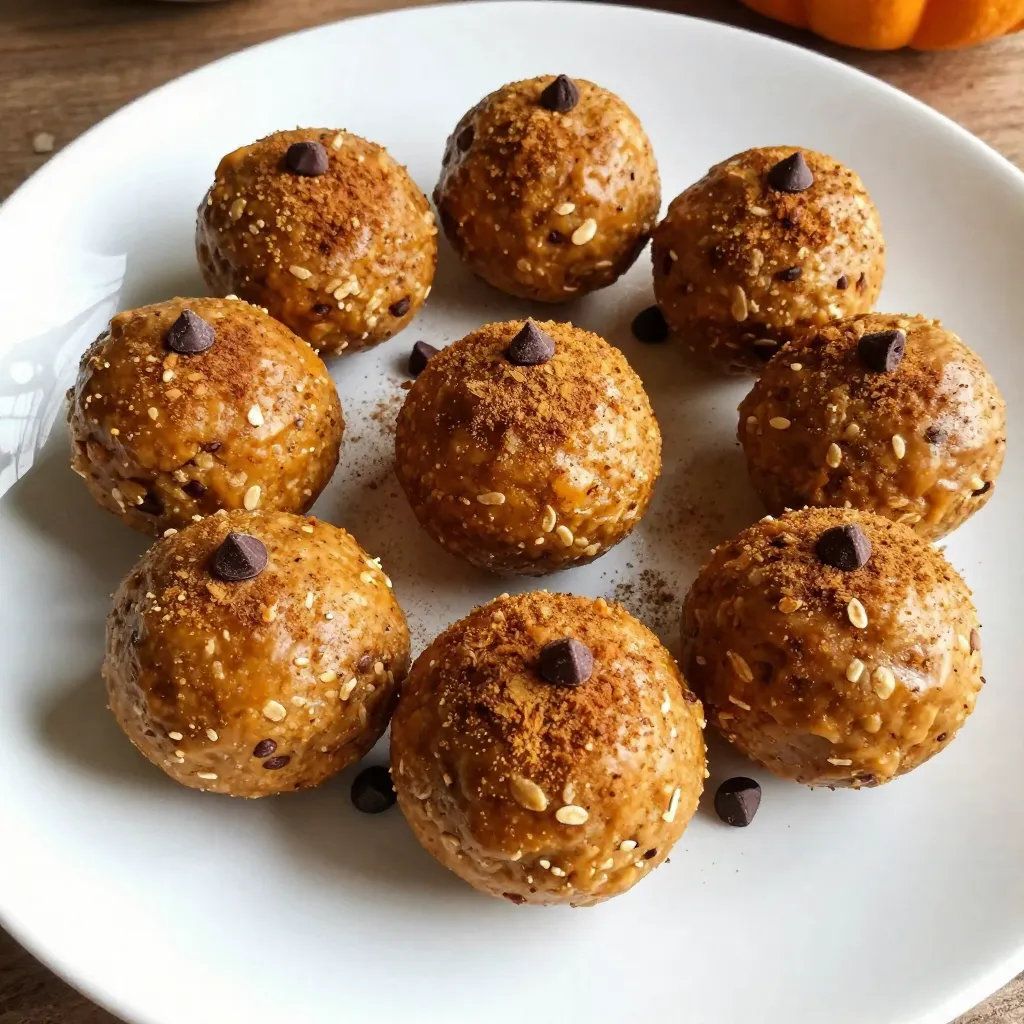 - 1 cup rolled oats - 1/2 cup pumpkin puree - 1/3 cup almond butter or peanut butter - 1/4 cup honey or maple syrup - 1 teaspoon pumpkin pie spice - 1/2 teaspoon vanilla extract - 1/4 cup ground flaxseed - 1/4 cup mini chocolate chips (optional) - Pinch of salt You need simple ingredients to make these energy balls. The base starts with rolled oats. They give the balls a chewy texture and a lot of fiber. Next, use pumpkin puree. It adds moisture and a rich flavor. Almond butter or peanut butter brings in healthy fats and protein. You can choose either based on your taste. For sweetness, add honey or maple syrup. Both work well, but maple syrup is vegan. Pumpkin pie spice gives that warm fall flavor. Vanilla extract adds a hint of sweetness too. Ground flaxseed is great for omega-3s. You can add mini chocolate chips if you want a sweet touch. Finally, a pinch of salt balances all the flavors. These ingredients come together to make a tasty and healthy snack. You’ll love how easy they are to prepare! {{ingredient_image_1}} 1. Mixing the wet ingredients: Start by taking a large mixing bowl. Add 1 cup of rolled oats, 1/2 cup of pumpkin puree, 1/3 cup of almond butter, and 1/4 cup of honey or maple syrup. Stir these together until they blend well. 2. Adding dry ingredients and combining: Next, add in 1 teaspoon of pumpkin pie spice, 1/2 teaspoon of vanilla extract, 1/4 cup of ground flaxseed, and a pinch of salt. Mix everything together until it is smooth and well combined. 3. Incorporating optional chocolate chips: If you want a little sweetness, fold in 1/4 cup of mini chocolate chips. This step is optional but adds a nice treat. 4. Forming and rolling the energy balls: Take a tablespoon-sized portion of the mixture and roll it into a ball using your hands. Repeat this for the whole mixture until you have rolled all the energy balls. 5. Refrigerating to firm up: Place the energy balls on a parchment-lined baking sheet. Refrigerate them for at least 30 minutes. This helps them firm up and hold their shape. With these steps, you can make tasty Pumpkin Spice Energy Balls that are both nutritious and fun to eat! Enjoy your delicious snack! You can switch almond butter for peanut butter if needed. Sunflower seed butter is another great choice. For sweeteners, agave syrup works well in place of honey or maple syrup. You can also use date syrup for a rich taste without refined sugar. To get the right mix, make sure your pumpkin puree is not too watery. If the mix feels too sticky, add a bit more oats or flaxseed. When you roll the energy balls, wet your hands slightly. This helps prevent sticking and makes rolling easier. Aim for a firm ball that holds its shape. Pumpkin spice energy balls pair nicely with hot tea or coffee. They also make a great snack before a workout. For meal prep, pack them in lunch boxes for a quick bite. You can also enjoy them as a topping on yogurt or oatmeal for extra flavor. Pro Tips Use Fresh Pumpkin Puree: For the best flavor, try using homemade pumpkin puree instead of canned. Roast your pumpkin until tender, scoop out the flesh, and blend until smooth. Customize Your Sweetness: Adjust the amount of honey or maple syrup according to your taste preference. You can also substitute with a sugar-free sweetener if desired. Boost Nutritional Value: Add in a scoop of protein powder or some chopped nuts to increase the protein content and add texture to your energy balls. Experiment with Flavors: Feel free to add different spices such as cinnamon or nutmeg, or incorporate dried fruits like cranberries or raisins for added flavor and nutrition. {{image_2}} You can make your pumpkin spice energy balls even better with some simple tweaks. - Adding nuts or seeds: Chopped walnuts or pecans give a nice crunch. Chia seeds or sunflower seeds add healthy fats and protein. You can mix in about 1/4 cup of your favorite nuts or seeds to the recipe. - Different spice blends: If you want to change the flavor, try other spices. You can use cinnamon, nutmeg, or even a dash of ginger. Just swap out the pumpkin pie spice for the mix you like best. These energy balls can fit many diets with some easy swaps. - Vegan and gluten-free options: To make them vegan, use maple syrup instead of honey. For gluten-free, ensure your oats are certified gluten-free. - Low-sugar alternatives: If you want less sugar, reduce the honey or maple syrup. You can also use a sugar substitute like stevia or monk fruit. These changes keep the energy balls tasty and healthy. To keep your Pumpkin Spice Energy Balls fresh, store them in airtight containers. This prevents air from making them dry. Place the container in your fridge. The energy balls will stay good for up to one week. If you want to keep them longer, make sure to check the moisture levels. Too much moisture can cause sogginess. You can also line the container with parchment paper for extra protection. Freezing energy balls is a great way to save them for later. To freeze, first, arrange the energy balls on a baking sheet. Make sure they are not touching each other. Place the sheet in the freezer for about two hours. This will help them freeze without sticking. Once frozen, transfer the balls to a freezer bag or an airtight container. This way, they won’t clump together. When you're ready to eat, simply take out the desired amount. Let them thaw in the fridge or at room temperature for about 30 minutes. Enjoy your tasty snack anytime! Pumpkin Spice Energy Balls last about one week in the fridge. When you store them in an airtight container, they stay fresh and tasty. If you want them to last longer, freeze them. In the freezer, they can last up to three months. Just make sure to separate layers with parchment paper to avoid sticking. Yes, you can make these energy balls ahead of time. They are perfect for meal prep! Make a big batch and store them in the fridge. Just keep them in an airtight container. You can also freeze them for later. Just remember to thaw them before you eat. Absolutely! Pumpkin Spice Energy Balls are a great snack choice. They are full of fiber from the oats and flaxseed. Pumpkin puree adds vitamins, especially vitamin A. Almond butter or peanut butter gives healthy fats and protein. If you choose honey or maple syrup, you get natural sweetness without added junk. Just watch the chocolate chips; they add sugar, but they also bring joy. Pumpkin Spice Energy Balls are quick to make and packed with flavor. You mix simple ingredients like oats, pumpkin puree, and nut butter, then roll them into tasty snacks. Remember to get creative with add-ins and tweaks to fit your taste. They store well and can be frozen for later. These bites are not just delicious; they are also healthy! Try making these energy balls for a fun and nutritious treat. Enjoy making these snacks for yourself and others. They will certainly boost your energy and mood!