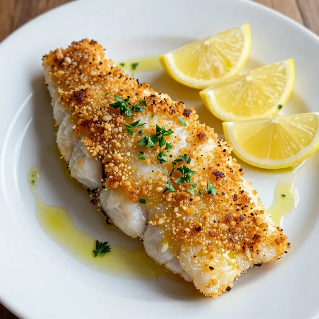 To make Garlic Parmesan Crusted Cod, gather these fresh ingredients: - 4 cod fillets (about 6 ounces each) - 1 cup breadcrumbs (preferably panko for extra crunch) - 1/2 cup grated Parmesan cheese - 4 cloves garlic, minced - 2 tablespoons fresh parsley, chopped - 1/4 teaspoon black pepper - 1/2 teaspoon salt - 1/4 teaspoon red pepper flakes (optional, for heat) - 1/4 cup olive oil - Juice of 1 lemon Using fresh ingredients is key to great flavor. Fresh garlic enhances the dish's aroma and taste. Fresh parsley adds a burst of color and freshness. Cod fillets should be firm and smell clean. Fresh Parmesan cheese melts better and gives a rich taste. When you use fresh items, your meal shines with flavor. If you need to convert measurements, here are some helpful tips: - 1 cup equals 8 ounces. - 1 tablespoon equals 3 teaspoons. - 1/2 cup equals 4 ounces. - 1 lemon typically provides about 2 tablespoons of juice. These conversions help ensure your dish turns out just right. Accurate measurements keep the balance of flavors and textures perfect. {{ingredient_image_1}} First, you need to preheat your oven to 425°F (220°C). This high heat helps the cod cook fast and evenly. Next, line a baking sheet with parchment paper. This makes cleanup easy and helps prevent sticking. In a medium bowl, mix together the following dry ingredients: - 1 cup breadcrumbs (panko is best) - 1/2 cup grated Parmesan cheese - 4 cloves garlic, minced - 2 tablespoons fresh parsley, chopped - 1/4 teaspoon black pepper - 1/2 teaspoon salt - 1/4 teaspoon red pepper flakes (optional for heat) Blend these ingredients well until they are fully combined. Then, drizzle in 1/4 cup olive oil. Stir again until the mixture is moist but not soggy. This mix will give the cod a crunchy top. Take 4 cod fillets, each about 6 ounces. Pat each fillet dry with paper towels. This step removes extra moisture. Season both sides lightly with salt and pepper. This adds flavor to the fish. Place the fillets on the lined baking sheet. Squeeze the juice of half a lemon over each fillet for a fresh taste. Now, evenly spread the garlic Parmesan mixture on top of each cod fillet. Press down gently to help it stick. Bake in your preheated oven for 12-15 minutes. You’ll know it’s done when the topping is golden brown and crispy. The fish should flake easily with a fork. Just before serving, drizzle with the rest of the lemon juice for extra flavor. To get a crispy crust, use panko breadcrumbs. They are light and airy. Mix them with Parmesan cheese and garlic for extra flavor. Make sure to coat the cod fillets well. Press the mixture onto the fish firmly so it sticks. Bake at 425°F for 12-15 minutes. The crust should turn golden brown and crunchy. For this dish, use fresh cod fillets. They should be firm and moist. Look for wild-caught cod if possible. It has a better flavor and texture. Frozen cod can work too, but thaw it properly before cooking. This ensures even cooking and great taste. Seasoning is key to enhancing flavor. Besides salt and pepper, try adding lemon zest. It brightens the dish and adds freshness. You can also use herbs like dill or thyme. For a kick, mix in red pepper flakes. Just a pinch will do! Keep it simple, but feel free to experiment. Pro Tips Choose Fresh Cod: Always opt for fresh cod fillets when possible, as they provide the best flavor and texture. Look for firm flesh and a mild scent. Customize the Crust: Feel free to add other herbs or spices to the breadcrumb mixture, such as thyme or oregano, for a personalized twist on the flavor. Use a Meat Thermometer: To ensure the cod is perfectly cooked, use a meat thermometer. The internal temperature should reach 145°F (63°C). Let it Rest: Allow the cod fillets to rest for a couple of minutes after baking before serving. This helps retain moisture and enhances the flavor. {{image_2}} You can swap cod for other fish. Try using tilapia, haddock, or halibut. These fish have a mild taste and will work well. Each fish has its own texture and flavor. Tilapia is soft, while haddock is flakier. Halibut is firm and meaty. Adjust baking time if you change the fish type. Thinner fish may need less time. You can add more flavor to your dish. Lemon zest gives a fresh taste. Fresh herbs like thyme or basil can brighten the flavor. For a kick, add more red pepper flakes. A dash of smoked paprika adds a nice depth. You could also mix in some Dijon mustard to the crust. This adds a nice tangy flavor. The crust is easy to change. Instead of breadcrumbs, use crushed crackers or cornmeal. For a nutty flavor, try ground almonds or walnuts. You can even add different cheeses. Feta or cheddar can bring a new twist. Mix in some cooked spinach for a veggie boost. Customize the crust to match your taste. To store leftover Garlic Parmesan Crusted Cod, let it cool down first. Place the fillets in an airtight container. You can keep it in the fridge for up to three days. Make sure to layer parchment paper between the fillets to prevent sticking. This keeps the crust nice and crispy for later. When you’re ready to eat the leftover cod, preheat your oven to 350°F (175°C). Place the cod on a baking sheet. Cover it loosely with foil to keep it moist. Heat for about 10-15 minutes, or until warm. You can also microwave it, but this might make the crust soft. If you choose the microwave, heat in short bursts to avoid overcooking. If you want to freeze the cooked cod, wrap each fillet tightly in plastic wrap. Then, place them in a freezer-safe bag or container. This helps prevent freezer burn. The cod can last up to three months in the freezer. When you’re ready to eat, thaw it in the fridge overnight before reheating. Enjoy your tasty meal even later! Yes, you can prep the cod and topping ahead. Store the fillets and the crust in the fridge. Just keep them separate until you're ready to cook. This way, you save time on busy nights. I love serving this dish with steamed veggies or a light salad. You can also add lemon wedges for extra zest. A side of rice or quinoa pairs nicely, too. It balances the flavors well. Yes, but you need to swap the breadcrumbs. Use gluten-free breadcrumbs or crushed nuts instead. This keeps the dish tasty and safe for those who need gluten-free options. The cod is done when it flakes easily with a fork. It should also be opaque in color. If you're unsure, use a food thermometer; the internal temperature should be 145°F (63°C). Absolutely! Feel free to get creative. You can add garlic powder for more flavor or smoked paprika for a smoky touch. Just remember to balance the spices so they don’t overpower the fish. In this post, I shared how to make Garlic Parmesan Crusted Cod. We covered the right ingredients, why fresh ones matter, and how to measure them. I detailed each step from oven prep to baking. I also gave tips for a crispy crust and shared tasty variations. Finally, I provided storage and reheating tips. Now you're ready to enjoy this dish anytime. Cooking should be fun and easy. Enjoy your flavorful cod!