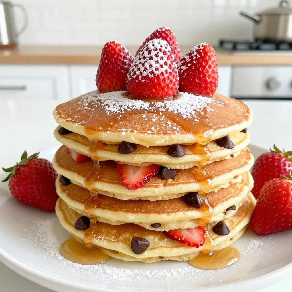 To make Strawberry Chocolate Chip Pancakes, you will need the following ingredients: - 1 cup all-purpose flour - 2 tablespoons sugar - 1 tablespoon baking powder - 1/2 teaspoon salt - 1 cup milk (or any milk alternative) - 1 large egg - 2 tablespoons melted butter or coconut oil - 1 teaspoon vanilla extract - 1 cup fresh strawberries, hulled and sliced - 1/2 cup semi-sweet chocolate chips - Optional: additional strawberries for garnish - Optional: maple syrup for serving These ingredients work well together. I recommend using high-quality chocolate chips for the best flavor. If you need dairy-free options, you can use almond milk or oat milk instead of regular milk. For a gluten-free version, swap all-purpose flour with a gluten-free blend. You can also reduce sugar by using a sugar substitute like stevia or monk fruit. For strawberries, you might try blueberries or raspberries. For chocolate chips, dark chocolate or even white chocolate can add a nice twist. To make your pancakes even more appealing, consider these garnishing ideas: - Top with more fresh strawberries or other berries - Drizzle with honey or maple syrup - Add a dollop of whipped cream - Dust with powdered sugar for a lovely finish Stack the pancakes neatly on a plate. This will make them look restaurant-quality. Add a few whole strawberries on top for color and charm. {{ingredient_image_1}} To make Strawberry Chocolate Chip Pancakes, you need to follow a few key steps. First, mix the dry ingredients in one bowl. In another bowl, mix the wet ingredients. Then, combine them without overmixing. This keeps the pancakes fluffy and light. Remember, some lumps are okay! Next, fold in the strawberries and chocolate chips gently. Now, let’s cook these delicious pancakes! Heat a non-stick skillet over medium heat. Lightly grease it with cooking spray or butter. Pour about 1/4 cup of batter for each pancake. Cook until bubbles form on the surface, about 3-4 minutes. You want the edges to look set. Flip the pancakes and cook for another 2-3 minutes until golden brown. If your pancakes brown too fast, lower the heat. Adjust as needed for even cooking. Serving your Strawberry Chocolate Chip Pancakes can be fun and creative! Stack them nicely on a plate. Add fresh strawberries on top for a pop of color. You can also dust them with powdered sugar for a nice touch. Don’t forget to serve with warm maple syrup on the side. This breakfast pairs well with fresh orange juice or a cup of coffee. Enjoy every bite! To make fluffy pancakes, focus on your mixing. Combine dry and wet ingredients separately first. Stir them together gently. It's fine if some lumps remain; overmixing leads to tough pancakes. Another tip is to let the batter sit for a few minutes before cooking. This helps the baking powder work better. Common mistakes include using old baking powder or too much flour. Always check your baking powder's freshness. Measure flour correctly by spooning it into the cup, then leveling it off. This helps you avoid dense pancakes that don’t rise well. To store leftover pancakes, let them cool completely. Place them in an airtight container. They can stay fresh in the fridge for up to three days. If you want to freeze them, stack pancakes with parchment paper between each one. This prevents sticking and makes grabbing one easy. When reheating, use a microwave for quick results. Place a damp paper towel on top to keep them moist. Alternatively, use a skillet on low heat to keep them warm and crispy. This method helps maintain their fluffy texture. Prep your ingredients ahead of time. Measure flour, sugar, and baking powder the night before. You can also slice strawberries and store them in the fridge. This cuts down on morning prep time. Using kitchen gadgets can make cooking easier. A non-stick skillet or griddle is great for even cooking. If you have a pancake dispenser, use it to pour batter easily. This helps you make perfect round pancakes every time. Pro Tips Use Fresh Strawberries: Fresh, ripe strawberries will enhance the flavor of your pancakes significantly. Look for strawberries that are bright red and firm for the best results. Don’t Overmix the Batter: It's important to mix the batter until just combined. Overmixing can lead to tough pancakes, so be gentle when folding in the strawberries and chocolate chips. Adjust Heat as Needed: If the pancakes are browning too quickly, reduce the heat. Cooking them on medium-low heat allows for even cooking and prevents burning. Experiment with Toppings: Besides maple syrup, consider adding whipped cream, yogurt, or even a sprinkle of nuts as toppings for added texture and flavor. {{image_2}} You can boost your pancakes with extra flavors. A sprinkle of cinnamon adds warmth. Nutmeg gives a sweet touch, too. You can also mix in other fruits. Try blueberries or raspberries for a fun twist. Seasonal fruits like peaches or apples work well, too. Just remember to adjust the sugar if the fruit is sweet. You have choices when it comes to chocolate. Milk chocolate gives a sweet taste. Dark chocolate adds a rich, bold flavor. You can even use white chocolate for a different experience. For an extra treat, drizzle chocolate sauce on top. You can also fold more chocolate chips into the batter for a gooey surprise. Making pancakes fit your diet is easy. For a vegan version, swap the egg for a banana or flaxseed meal. Use almond milk or coconut milk instead of regular milk. To make it keto-friendly, use almond flour instead of all-purpose flour. You can also reduce sugar or use a sugar substitute. These swaps keep the fun while meeting your dietary needs. You can keep Strawberry Chocolate Chip Pancakes in the fridge for about 3 to 4 days. Store them in an airtight container to keep them fresh. I recommend using a glass or plastic container that seals well. This helps prevent them from drying out or absorbing other smells in the fridge. To freeze pancakes, let them cool completely first. Then, stack them with parchment paper in between. Place the stack in a freezer bag or airtight container. You can freeze them for up to 2 months. When you are ready to eat, thaw them overnight in the fridge. For quick reheating, pop them in the toaster or microwave. Heat them until warm, which keeps them fluffy. Batch cooking these pancakes saves time on busy mornings. Make a larger batch on the weekend and store them in the fridge or freezer. Portion out stacks of two or three pancakes. This makes it easy to grab a quick breakfast. You can also pre-make the batter and store it in the fridge for up to a day. Just mix in the strawberries and chocolate chips before cooking. This way, you have fresh pancakes ready in no time! To make pancakes fluffy, you need to use a few key techniques: - Use fresh baking powder: Old baking powder loses its power. - Don’t overmix the batter: Mix just until combined, leaving some lumps. - Let the batter rest: Allow it to sit for about 10 minutes. This helps. - Fold in air: When adding strawberries and chips, gently fold them in. These steps will help your pancakes rise and stay light. Yes, you can use frozen strawberries. They work, but keep a few things in mind: - Thaw them first: Let them sit out to defrost. - Drain excess water: This prevents your batter from getting soggy. - Flavor may change: Frozen strawberries can taste less fresh than fresh ones. However, they still add a sweet touch to your pancakes. A non-stick skillet or griddle is best for pancakes. Here’s why: - Easy flipping: They prevent sticking, making it easy to turn pancakes. - Even cooking: Non-stick pans heat evenly, ensuring a nice golden color. - Use low heat: Cook on medium heat to avoid burning. If you prefer, you can lightly grease the pan with butter or cooking spray. You can make pancakes without eggs by using alternatives. Here are some options: - Mashed banana: Use 1/4 cup of mashed banana for each egg. - Applesauce: 1/4 cup of unsweetened applesauce works well too. - Flaxseed meal: Mix 1 tablespoon of flaxseed with 2.5 tablespoons of water. Let it sit for a few minutes. These substitutes give moisture and binding without eggs. You now have everything you need to make delicious Strawberry Chocolate Chip Pancakes. From essential ingredients to clever substitutions, this guide covers all bases. Remember to avoid overmixing for fluffiness and experiment with various garnishes for the perfect finish. Consider exploring flavor variations or dietary adjustments to suit your tastes. Following the tips for storing and reheating will keep pancakes enjoyable for days. Enjoy the process, and make breakfast a fun experience!