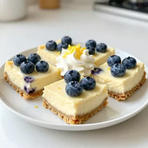 - 1 &frac12; cups graham cracker crumbs - &frac12; cup unsalted butter, melted - 2 tablespoons granulated sugar For the crust, I use graham cracker crumbs. They give a nice crunch. The melted butter keeps it together. Sugar adds a hint of sweetness. Combine these three in a bowl. Press the mix firmly into the pan. Bake it for 10 minutes, then let it cool. - 16 oz cream cheese, softened - ⅔ cup granulated sugar - 2 large eggs - 1 tablespoon lemon zest - &frac14; cup fresh lemon juice - 1 teaspoon vanilla extract - 1 cup fresh blueberries (plus more for topping) The cheesecake layer is what makes these bars special. I start with cream cheese. It needs to be soft for easy mixing. Then, I add sugar, eggs, and mix them well. Lemon zest and juice give the bars a bright flavor. Vanilla extract adds warmth. Finally, gently fold in fresh blueberries. This keeps them whole and juicy. - 1 cup whipped cream (optional) - Extra blueberries and lemon zest for garnish For the topping, whipped cream is optional. It adds a lovely creaminess. I also like to add extra blueberries. A sprinkle of lemon zest on top looks nice and fresh. This topping makes your bars even more inviting! {{ingredient_image_1}} Start by preheating your oven to 325&deg;F (160&deg;C). Line an 8x8-inch baking pan with parchment paper. Let some paper hang over the sides for easy lifting later. In a bowl, mix 1 &frac12; cups of graham cracker crumbs, &frac12; cup of melted unsalted butter, and 2 tablespoons of sugar. Stir until everything is well combined. Press this mixture firmly into the bottom of your pan. Bake the crust for 10 minutes. Once done, let it cool while you prepare the cheesecake filling. In a large mixing bowl, beat 16 oz of softened cream cheese with an electric mixer. Keep mixing until it's smooth. Gradually add ⅔ cup of granulated sugar and mix well. Then, add 2 large eggs, one at a time. Make sure to mix well after each egg. Next, mix in 1 tablespoon of lemon zest, &frac14; cup of fresh lemon juice, and 1 teaspoon of vanilla extract. Keep mixing until it&rsquo;s creamy. Gently fold in 1 cup of fresh blueberries. Be careful not to mash them. You want to keep them whole for a great texture. Pour the cheesecake mixture over the cooled crust. Spread it evenly with a spatula. Tap the pan gently on the counter to remove any air bubbles. Bake in the preheated oven for 30 to 35 minutes. The edges should be set, but the center can still jiggle slightly. Once baked, turn off the oven and leave the bars inside for about 1 hour. This slow cooling helps prevent cracks. After an hour, chill the bars in the fridge for at least 4 hours or until firm. When ready, use the parchment paper to lift the bars out of the pan. Slice into squares and enjoy! To get a creamy cheesecake, start with soft cream cheese. Cold cream cheese makes lumps. Use an electric mixer to beat until smooth and fluffy. Add eggs slowly, mixing well after each one. This helps air mix in, making your bars light. After baking, turn off the oven but leave them inside for an hour. This slow cooling helps prevent cracks. Chill the bars for at least four hours. The longer they chill, the better their texture. You can swap graham cracker crumbs with crushed cookies like digestives or vanilla wafers. If you need a dairy-free option, use vegan cream cheese. Coconut cream can replace the whipped cream for a lighter topping. For a sweeter taste, try using honey or maple syrup instead of sugar. Feel free to mix in other fruits like raspberries or strawberries. Just be sure to adjust the amount to keep the balance. Slice the cheesecake into squares for easy serving. Top each piece with whipped cream and extra blueberries. A sprinkle of lemon zest adds a nice touch. For a fun twist, serve with a drizzle of lemon glaze. These bars pair well with a cup of tea or a glass of lemonade. They make great treats for gatherings or a sweet finish to dinner. Enjoy them chilled for the best flavor! Pro Tips Use Room Temperature Ingredients: Make sure your cream cheese and eggs are at room temperature before mixing. This helps achieve a smoother and creamier cheesecake layer without lumps. Don&rsquo;t Overmix the Batter: When adding the blueberries, gently fold them into the cheesecake mixture. Overmixing can break the berries apart and turn the filling purple. Chill Thoroughly: For the best texture, be sure to chill the cheesecake bars for at least 4 hours, or overnight if possible. This allows them to set perfectly and enhances the flavors. Garnish Just Before Serving: If using whipped cream and additional toppings, add them just before serving to keep everything fresh and visually appealing. {{image_2}} You can change the fruit in these bars. Try strawberries, raspberries, or peaches. Each fruit gives a unique flavor. For strawberries, chop them into small pieces. Mix them into the cheesecake filling just like the blueberries. For raspberries, you may want to use less sugar since they are tart. Fresh fruit always adds color and taste. A no-bake version is easy and quick. Skip the oven, and mix the cheesecake filling. Use a springform pan for easy removal. After making the crust, chill it for 30 minutes. Then, spread the cheesecake filling on top. Let it set in the fridge for four hours or overnight. Top with fresh fruit before serving for a refreshing twist. If you need gluten-free options, swap the graham crackers. Use gluten-free cookies or almond flour instead. Mix the alternative with melted butter and sugar for the crust. This way, you can still enjoy these bars without gluten. Always check labels to ensure all ingredients are gluten-free. Enjoy every bite without worry! To keep your Lemon Blueberry Cheesecake Bars fresh, store them in the fridge. Use an airtight container. They stay good for up to five days. Always place parchment paper between layers if stacking. This prevents sticking and keeps them neat. If you want to enjoy them chilled, they taste best after a few hours in the fridge. Yes, you can freeze these bars! Cut them into squares first. Wrap each square in plastic wrap, then place them in a freezer bag. They stay fresh for up to three months. When you want to eat them, just take out a piece. Let it thaw in the fridge overnight for the best taste. You don&rsquo;t really need to reheat these bars. They are great cold or at room temperature. If you prefer them warm, use the oven. Preheat it to 300&deg;F (150&deg;C). Place the bars in an oven-safe dish. Heat them for about 10 minutes. Check them often to avoid overcooking. Enjoy the creamy and tangy flavor! Yes, you can make these bars a day or two in advance. This helps the flavors blend well. Just store them in the fridge. Be sure to cover them to keep them fresh. This dessert tastes even better after chilling. To slice cheesecake bars neatly, use a sharp knife. Dip the knife in hot water and wipe it dry. This method helps create clean edges. Cut the bars while they are cold for easier slicing. You can also use the parchment overhang to lift them out first. To prevent cracks, avoid overmixing the batter. Mix just until combined. Bake at a lower temperature and let them cool slowly in the oven. This gradual cooling helps keep the bars from cracking. Also, ensure you use room temperature cream cheese for a smooth mix. You&rsquo;ve learned how to make tasty Lemon Blueberry Cheesecake Bars. We covered the crust, filling, and toppings. I shared tips for a smooth texture and ingredient swaps. You also found fun variations and storage tips. Now, you can enjoy your cheesecake bars anytime. Try them for parties or a sweet treat. With these steps, you&rsquo;re ready to impress your friends and family. Happy baking!