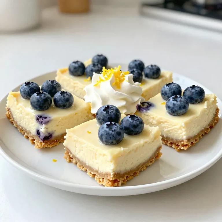 - 1 ½ cups graham cracker crumbs - ½ cup unsalted butter, melted - 2 tablespoons granulated sugar For the crust, I use graham cracker crumbs. They give a nice crunch. The melted butter keeps it together. Sugar adds a hint of sweetness. Combine these three in a bowl. Press the mix firmly into the pan. Bake it for 10 minutes, then let it cool. - 16 oz cream cheese, softened - ⅔ cup granulated sugar - 2 large eggs - 1 tablespoon lemon zest - ¼ cup fresh lemon juice - 1 teaspoon vanilla extract - 1 cup fresh blueberries (plus more for topping) The cheesecake layer is what makes these bars special. I start with cream cheese. It needs to be soft for easy mixing. Then, I add sugar, eggs, and mix them well. Lemon zest and juice give the bars a bright flavor. Vanilla extract adds warmth. Finally, gently fold in fresh blueberries. This keeps them whole and juicy. - 1 cup whipped cream (optional) - Extra blueberries and lemon zest for garnish For the topping, whipped cream is optional. It adds a lovely creaminess. I also like to add extra blueberries. A sprinkle of lemon zest on top looks nice and fresh. This topping makes your bars even more inviting! {{ingredient_image_1}} Start by preheating your oven to 325°F (160°C). Line an 8x8-inch baking pan with parchment paper. Let some paper hang over the sides for easy lifting later. In a bowl, mix 1 ½ cups of graham cracker crumbs, ½ cup of melted unsalted butter, and 2 tablespoons of sugar. Stir until everything is well combined. Press this mixture firmly into the bottom of your pan. Bake the crust for 10 minutes. Once done, let it cool while you prepare the cheesecake filling. In a large mixing bowl, beat 16 oz of softened cream cheese with an electric mixer. Keep mixing until it's smooth. Gradually add ⅔ cup of granulated sugar and mix well. Then, add 2 large eggs, one at a time. Make sure to mix well after each egg. Next, mix in 1 tablespoon of lemon zest, ¼ cup of fresh lemon juice, and 1 teaspoon of vanilla extract. Keep mixing until it’s creamy. Gently fold in 1 cup of fresh blueberries. Be careful not to mash them. You want to keep them whole for a great texture. Pour the cheesecake mixture over the cooled crust. Spread it evenly with a spatula. Tap the pan gently on the counter to remove any air bubbles. Bake in the preheated oven for 30 to 35 minutes. The edges should be set, but the center can still jiggle slightly. Once baked, turn off the oven and leave the bars inside for about 1 hour. This slow cooling helps prevent cracks. After an hour, chill the bars in the fridge for at least 4 hours or until firm. When ready, use the parchment paper to lift the bars out of the pan. Slice into squares and enjoy! To get a creamy cheesecake, start with soft cream cheese. Cold cream cheese makes lumps. Use an electric mixer to beat until smooth and fluffy. Add eggs slowly, mixing well after each one. This helps air mix in, making your bars light. After baking, turn off the oven but leave them inside for an hour. This slow cooling helps prevent cracks. Chill the bars for at least four hours. The longer they chill, the better their texture. You can swap graham cracker crumbs with crushed cookies like digestives or vanilla wafers. If you need a dairy-free option, use vegan cream cheese. Coconut cream can replace the whipped cream for a lighter topping. For a sweeter taste, try using honey or maple syrup instead of sugar. Feel free to mix in other fruits like raspberries or strawberries. Just be sure to adjust the amount to keep the balance. Slice the cheesecake into squares for easy serving. Top each piece with whipped cream and extra blueberries. A sprinkle of lemon zest adds a nice touch. For a fun twist, serve with a drizzle of lemon glaze. These bars pair well with a cup of tea or a glass of lemonade. They make great treats for gatherings or a sweet finish to dinner. Enjoy them chilled for the best flavor! Pro Tips Use Room Temperature Ingredients: Make sure your cream cheese and eggs are at room temperature before mixing. This helps achieve a smoother and creamier cheesecake layer without lumps. Don’t Overmix the Batter: When adding the blueberries, gently fold them into the cheesecake mixture. Overmixing can break the berries apart and turn the filling purple. Chill Thoroughly: For the best texture, be sure to chill the cheesecake bars for at least 4 hours, or overnight if possible. This allows them to set perfectly and enhances the flavors. Garnish Just Before Serving: If using whipped cream and additional toppings, add them just before serving to keep everything fresh and visually appealing. {{image_2}} You can change the fruit in these bars. Try strawberries, raspberries, or peaches. Each fruit gives a unique flavor. For strawberries, chop them into small pieces. Mix them into the cheesecake filling just like the blueberries. For raspberries, you may want to use less sugar since they are tart. Fresh fruit always adds color and taste. A no-bake version is easy and quick. Skip the oven, and mix the cheesecake filling. Use a springform pan for easy removal. After making the crust, chill it for 30 minutes. Then, spread the cheesecake filling on top. Let it set in the fridge for four hours or overnight. Top with fresh fruit before serving for a refreshing twist. If you need gluten-free options, swap the graham crackers. Use gluten-free cookies or almond flour instead. Mix the alternative with melted butter and sugar for the crust. This way, you can still enjoy these bars without gluten. Always check labels to ensure all ingredients are gluten-free. Enjoy every bite without worry! To keep your Lemon Blueberry Cheesecake Bars fresh, store them in the fridge. Use an airtight container. They stay good for up to five days. Always place parchment paper between layers if stacking. This prevents sticking and keeps them neat. If you want to enjoy them chilled, they taste best after a few hours in the fridge. Yes, you can freeze these bars! Cut them into squares first. Wrap each square in plastic wrap, then place them in a freezer bag. They stay fresh for up to three months. When you want to eat them, just take out a piece. Let it thaw in the fridge overnight for the best taste. You don’t really need to reheat these bars. They are great cold or at room temperature. If you prefer them warm, use the oven. Preheat it to 300°F (150°C). Place the bars in an oven-safe dish. Heat them for about 10 minutes. Check them often to avoid overcooking. Enjoy the creamy and tangy flavor! Yes, you can make these bars a day or two in advance. This helps the flavors blend well. Just store them in the fridge. Be sure to cover them to keep them fresh. This dessert tastes even better after chilling. To slice cheesecake bars neatly, use a sharp knife. Dip the knife in hot water and wipe it dry. This method helps create clean edges. Cut the bars while they are cold for easier slicing. You can also use the parchment overhang to lift them out first. To prevent cracks, avoid overmixing the batter. Mix just until combined. Bake at a lower temperature and let them cool slowly in the oven. This gradual cooling helps keep the bars from cracking. Also, ensure you use room temperature cream cheese for a smooth mix. You’ve learned how to make tasty Lemon Blueberry Cheesecake Bars. We covered the crust, filling, and toppings. I shared tips for a smooth texture and ingredient swaps. You also found fun variations and storage tips. Now, you can enjoy your cheesecake bars anytime. Try them for parties or a sweet treat. With these steps, you’re ready to impress your friends and family. Happy baking!