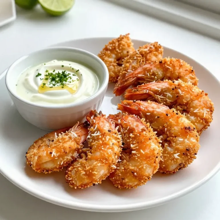 To make delicious coconut crusted shrimp, gather these key ingredients: - 1 pound large shrimp, peeled and deveined - 1 cup shredded coconut - ½ cup panko breadcrumbs - 2 eggs - 1 teaspoon garlic powder - 1 teaspoon paprika - Salt and pepper to taste - ¼ cup all-purpose flour - Oil for frying (e.g., vegetable or coconut oil) These ingredients work together to create a crispy, flavorful coating and succulent shrimp. The combination of coconut and panko gives a great crunch. The spices add a nice touch of flavor. To make the zesty lime sauce, you’ll need: - ½ cup mayonnaise - 2 tablespoons lime juice - 1 teaspoon lime zest - 1 teaspoon honey - Salt and pepper to taste This sauce is a perfect dip for your shrimp. The lime juice and zest give it a bright, fresh taste. The honey balances the flavors, making it sweet and tangy. You can add more flavor with these optional seasonings: - Cayenne pepper for heat - Fresh herbs like cilantro or parsley - Sriracha for spice These options let you customize your shrimp. If you enjoy a kick, cayenne or Sriracha is a great choice. Fresh herbs can add brightness and depth. {{ingredient_image_1}} To start, take one pound of large shrimp. Make sure they are peeled and deveined. In a medium bowl, mix the shrimp with garlic powder, paprika, salt, and pepper. This mix gives the shrimp a nice flavor. Let the shrimp sit for about ten minutes. This allows the shrimp to soak up the flavors. Now, it's time to set up your breading station. Grab three bowls. In the first bowl, place ¼ cup of all-purpose flour. This will help the coating stick. In the second bowl, whisk two eggs until they are well mixed. In the third bowl, mix one cup of shredded coconut and ½ cup of panko breadcrumbs together. This mix gives the shrimp its crunchy coating. Next, heat oil in a large skillet over medium-high heat. You want enough oil to cover the bottom of the skillet. Once the oil is shimmering, it's ready. Take each shrimp and dredge it in the flour first. Shake off any extra flour. Then dip it into the egg mixture, letting the excess drip off. Finally, coat it with the coconut-panko mix, pressing gently to make it stick. Fry the shrimp in batches for 2-3 minutes on each side. Look for a golden brown color. Use a paper towel-lined plate to drain excess oil after frying. While the shrimp cooks, you can make the zesty lime sauce. In a small bowl, combine ½ cup of mayonnaise, 2 tablespoons of lime juice, 1 teaspoon of lime zest, and 1 teaspoon of honey. Add salt and pepper to taste. Mix everything until smooth. This sauce pairs perfectly with the crispy shrimp. When cooking shrimp, freshness matters. Always choose shrimp that smell clean and ocean-like. If they smell fishy, skip them. Use large shrimp for the best results. They hold up well during cooking and remain juicy. Make sure to peel and devein the shrimp. It makes a big difference in taste and texture. Marinate the shrimp briefly with garlic powder, paprika, salt, and pepper. This simple step adds great flavor. For a crispy bite, use a mix of shredded coconut and panko breadcrumbs. This combination gives a nice crunch. Press the mixture onto the shrimp firmly for better adhesion. Heat your oil until it shimmers. Test the oil by dropping in a small piece of bread. If it sizzles, it's ready. Fry the shrimp in small batches. This prevents steaming and keeps them crispy. Aim for a golden brown color, which indicates they are done. Avoid overcrowding the pan while frying. This leads to soggy shrimp, not crispy ones. Always keep your oil at the right temperature. If it's too cool, the shrimp will absorb oil and become greasy. Don’t skip the paper towel step after frying. This helps drain excess oil, keeping the shrimp light. Lastly, serve the shrimp right away. They taste best fresh and hot, with that delightful crunch intact. Pro Tips Use Fresh Shrimp: For the best flavor and texture, opt for fresh shrimp instead of frozen. If using frozen, make sure to thaw them completely and pat dry to avoid excess moisture. Adjust the Spice Level: Feel free to add a pinch of cayenne pepper or chili powder to the coating for an extra kick if you like spicy food. Double Coat for Extra Crispiness: For an even crunchier texture, consider double-coating the shrimp by dipping them back into the egg and then into the coconut-panko mixture again. Keep Oil at the Right Temperature: Use a thermometer to ensure the oil is at 350°F (175°C) before frying. This will help achieve that perfect golden-brown crust without absorbing too much oil. {{image_2}} You can change the breading for more fun. Try using crushed cornflakes or even finely ground nuts. These options add a unique crunch and flavor. You could also use whole wheat breadcrumbs for a healthier twist. Each choice gives a new texture and taste to your shrimp. Want some heat? Add chili powder or cayenne to your breading mix. Just a teaspoon gives a nice kick without overpowering the coconut. You can also serve it with a spicy dipping sauce. Mix some sriracha or hot sauce into the lime sauce for extra zest. This variation is great for spice lovers. Frying makes the shrimp crispy and golden. However, you can bake them for a healthier option. Preheat your oven to 400°F and place the shrimp on a baking sheet. Spray them lightly with cooking spray to help them crisp up. Bake for about 15-20 minutes, flipping halfway. They may not be as crispy but will still taste great. After you savor your coconut crusted shrimp, store any leftovers. First, let the shrimp cool to room temperature. Then, place them in an airtight container. You can keep them in the fridge for up to three days. This keeps them fresh and tasty for your next meal. Reheating shrimp can be tricky. You want to keep them crispy. To do this, preheat your oven to 350°F (175°C). Spread the shrimp on a baking sheet. Bake for about 10 minutes. This method helps maintain that crispy texture. Avoid using the microwave, as it makes the shrimp soggy. If you want to save shrimp for later, freezing is a great option. First, place them in a single layer on a baking sheet. Freeze them for about two hours. Once frozen, transfer them to a freezer-safe bag. Squeeze out excess air and seal tightly. You can freeze them for up to three months. When ready to eat, thaw in the fridge overnight. Reheat as described for the best taste. I recommend using large shrimp for this recipe. Large shrimp hold up well when frying. They also provide a nice bite. Look for shrimp that are firm and fresh. If you can, choose wild-caught shrimp for better flavor. Yes, you can make this recipe gluten-free easily. Simply swap the all-purpose flour for a gluten-free flour blend. Also, use gluten-free panko breadcrumbs instead of regular ones. This way, everyone can enjoy the crispy delight! To prevent soggy shrimp, ensure you coat them well. Use the flour, egg, and coconut-panko mixture in that order. Also, make sure the oil is hot enough before frying. Fry in small batches to keep the oil temperature steady. This helps the shrimp stay crispy and delicious! This blog post covers how to make coconut crusted shrimp. We looked at key ingredients, step-by-step instructions, and tips for perfect shrimp. You learned about variations, storage methods, and answers to common questions. Enjoying this meal is easy. You can customize it to fit your taste. With practice, you’ll make delicious shrimp every time. I hope you try this recipe soon!