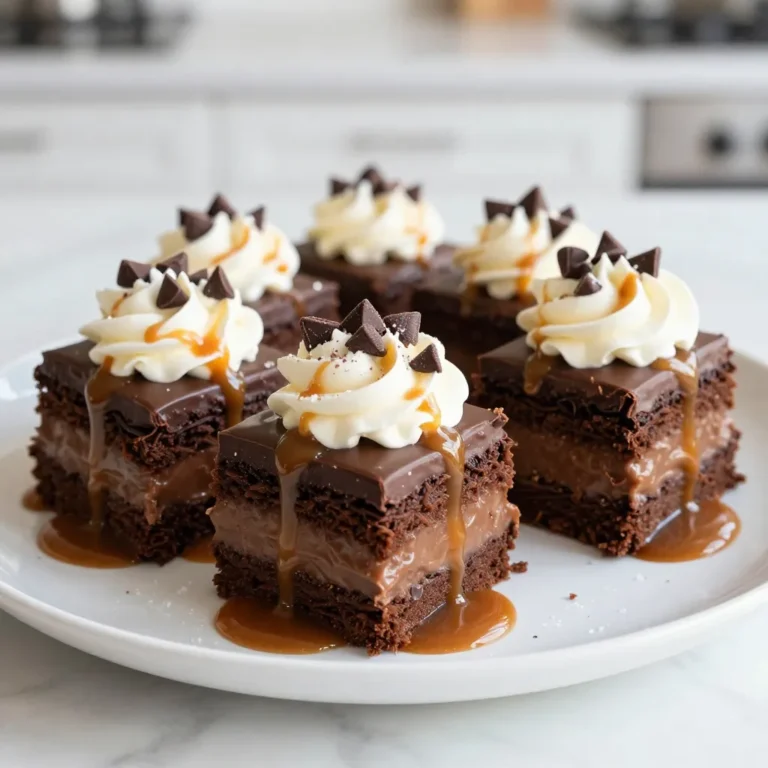 To make this tasty cake, gather these must-have ingredients: - 1 box chocolate cake mix - 3 large eggs - 1 cup water - 1/2 cup vegetable oil - 1 can (14 oz) sweetened condensed milk - 1 cup caramel sauce (plus extra for drizzling) - 1 cup whipped topping (store-bought or homemade) - 1/2 cup mini chocolate chips - Sea salt for garnish (optional) These items create a rich, sweet base for your cake. The chocolate mix gives it a deep flavor, while sweetened condensed milk adds creaminess. The caramel sauce brings a delightful sweetness that seeps in after you poke the cake. You can add your personal touch with these optional ingredients: - Chopped nuts for crunch - Fresh fruit like bananas or strawberries - Different flavored cake mixes, like vanilla or red velvet These additions can change the cake's flavor and texture. For example, nuts add a nice crunch, while fruit brings freshness. Having the right tools makes baking easier: - 9x13-inch baking pan - Mixing bowls - Wooden spoon or skewer for poking - Measuring cups and spoons - Whisk or hand mixer These tools help you mix, bake, and assemble your cake. A sturdy pan ensures even baking, while a whisk or mixer helps blend your ingredients smoothly. {{ingredient_image_1}} First, preheat your oven to 350°F (175°C). Next, grease and flour a 9x13-inch baking pan. In a large bowl, mix the chocolate cake mix with three large eggs, one cup of water, and half a cup of vegetable oil. Stir until the batter is smooth and free of lumps. This step is key for a tender cake. Pour the batter into the prepared pan. Bake the cake for 30-35 minutes. You’ll know it's ready when a toothpick comes out clean from the center. Once baked, let it cool in the pan for about 10 minutes. After cooling, use the end of a wooden spoon or a skewer to poke holes all over the cake. Space the holes about one inch apart. This is what makes the cake a poke cake! In a separate bowl, combine one can of sweetened condensed milk with one cup of caramel sauce. Mix until smooth. This mixture will soak into the holes you made. Pour it evenly over the cake. Make sure it seeps into all the holes for maximum flavor. Let the cake cool to room temperature. Once cooled, spread whipped topping over the cake. Sprinkle with half a cup of mini chocolate chips and drizzle more caramel sauce on top. If you like, add a pinch of sea salt for a tasty twist. One mistake is not letting the cake cool before poking holes. If you poke while it's hot, the holes may close up. Another mistake is pouring the caramel too quickly. Take your time to let it seep into each hole for maximum flavor. Also, don’t skip the refrigeration step. This helps the flavors blend well. To get the best "poke" effect, use a wooden spoon handle or a skewer. Poke holes about one inch apart. Make sure the holes are deep enough to hold the caramel. This allows the cake to soak up the sauce. For more fun, try varying the size of the holes, but keep them evenly spaced. When you cut the cake, aim for square pieces. This makes serving easy. Place each piece on a decorative plate for a nice touch. Drizzle extra caramel sauce on the side for added flair. A sprinkle of sea salt on top can make it look fancy. It also adds a nice flavor contrast. Enjoy making your cake look as good as it tastes! Pro Tips Use Room Temperature Ingredients: Ensure that your eggs and any other refrigerated ingredients are at room temperature for a smoother batter and more even baking. Let the Cake Cool Completely: Allow the cake to cool completely before poking holes and adding the caramel mixture; this ensures the caramel seeps in properly without melting the whipped topping. Adjust Caramel for Sweetness: Depending on your taste, you can adjust the amount of caramel sauce used in the cake for a more or less sweet dessert. Chill Before Serving: Refrigerate the cake for at least 2 hours to let the flavors meld together, enhancing the overall taste and texture. {{image_2}} You can switch up the flavors in your Chocolate Caramel Poke Cake. Try a vanilla cake mix instead of chocolate. This will give you a lighter base. Add a layer of fruit, like strawberries or bananas, for a fresh twist. You can also use different sauces. Swap caramel for chocolate or butterscotch sauce for a new taste. Want a healthier version? Use a sugar-free cake mix. You can replace sweetened condensed milk with a low-fat option or homemade alternative. Use Greek yogurt instead of whipped topping for a creamy texture that’s lower in fat. This keeps the cake tasty while cutting some calories. When serving your cake, cut it into squares. Place each piece on a plate, and drizzle with extra caramel sauce. A sprinkle of sea salt adds a nice touch. Pair the cake with a scoop of vanilla ice cream for a decadent dessert. You can also serve it alongside fresh berries for a fruity contrast. To keep your chocolate caramel poke cake fresh, store it in the fridge. Place any leftovers in an airtight container. If you don't have a container, cover the cake tightly with plastic wrap. This helps keep the moisture in and prevents it from drying out. Your cake will stay tasty in the fridge for about 3 to 5 days. After that, the flavor may fade. Always check for any signs of spoilage before eating. If you notice any off smells or changes in texture, it’s best to toss it out. If you need to store your cake for longer, freezing works well. First, let the cake cool completely. Then, cut it into slices for easy serving. Wrap each slice in plastic wrap tightly. After wrapping, place the slices in a freezer-safe bag or container. Your cake will stay good in the freezer for up to 3 months. To enjoy, simply thaw it in the fridge overnight before serving. A poke cake is a dessert where you poke holes in the baked cake. This allows sauce or pudding to soak into the cake. The result is a moist and flavorful treat. It’s simple and fun to make. Yes, you can use any cake mix you like. Try vanilla, red velvet, or even lemon. Each flavor will change the taste but keep the fun. Just ensure the filling complements the cake flavor. The cake should chill for at least two hours. This time lets the flavors blend well. Chilling also helps the cake set up nicely for serving. Absolutely! You can make the cake a day ahead. Just cover it well and keep it in the fridge. This way, it’s ready to enjoy when you need it. If you don’t want to use whipped topping, try homemade whipped cream. You can also use whipped Greek yogurt for a healthier option. Both will work just fine. Poke the cake with holes about one inch apart. Make sure the holes are deep enough for the caramel. Pour the caramel mixture slowly so it fills the holes well. This blog post covered the key steps to make a fantastic Chocolate Caramel Poke Cake. You learned about the required and optional ingredients, tools needed, and step-by-step instructions for baking. I also shared tips to avoid mistakes and ways to customize your dessert. Remember, the right storage keeps your cake fresh and tasty. Try out different flavors to make it your own. Enjoy every bite and happy baking!