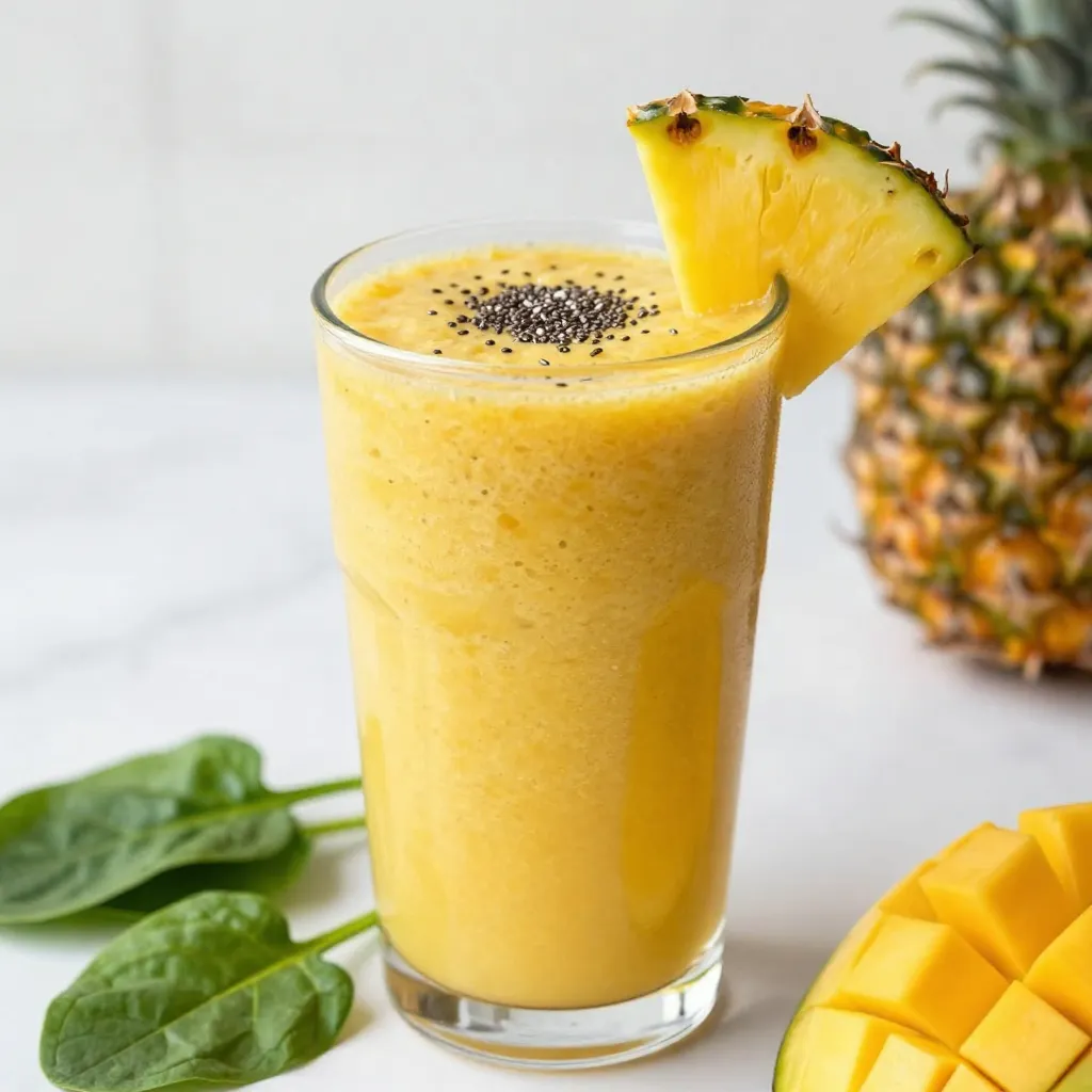 To make a delicious Mango Pineapple Green Smoothie, gather these fresh ingredients: - 1 ripe mango, diced - 1 cup fresh pineapple, diced - 1 banana, sliced - 1 cup fresh spinach - 1 cup coconut water - ½ cup Greek yogurt (or dairy-free alternative) - 1 tablespoon chia seeds - 1 tablespoon honey (or maple syrup for a vegan option) - Ice cubes (optional) Each ingredient plays an important role. The mango and pineapple give sweetness and tropical flavor. Banana adds creaminess and natural sugar. Spinach boosts the nutrient content without changing the taste much. Coconut water hydrates and keeps the smoothie light. Greek yogurt adds protein and thickness, while chia seeds provide fiber and a nice texture. Honey or maple syrup sweetens the mix to your liking. If you want a colder drink, add ice. Having all these ingredients ready makes the blending process smooth and quick. Enjoy each sip of this vibrant drink! {{ingredient_image_1}} To make the perfect Mango Pineapple Green Smoothie, start by gathering all your ingredients. You will need one ripe mango, one cup of fresh pineapple, one banana, one cup of fresh spinach, one cup of coconut water, half a cup of Greek yogurt, one tablespoon of chia seeds, and one tablespoon of honey. If you want a thicker smoothie, add some ice cubes. 1. Dicing and Slicing: First, dice the mango and pineapple. Slice the banana. This makes it easier for the blender to work. 2. Layering Ingredients: In your blender, add the diced mango, pineapple, and sliced banana. Then, add the spinach. 3. Adding Liquids: Pour in the coconut water. This adds hydration and flavor. 4. Incorporating Creaminess: Next, spoon in the Greek yogurt and chia seeds. If you want some sweetness, add the honey too. 5. Optional Ice: If you like your smoothie cold and thick, add a handful of ice cubes. 6. Blending: Blend on high speed for about one to two minutes. You want everything to be smooth and creamy. 7. Taste and Adjust: Once blended, taste your smoothie. If you want more sweetness, add a little more honey or syrup. 8. Pouring: Finally, pour the smoothie into glasses and get ready to enjoy! Using your blender effectively is key to a smooth drink. Here’s how: - Start Slow: Begin blending at a low speed to mix the ingredients. This helps avoid splashes. - Increase Speed: After a few seconds, switch to high speed. This mixes everything thoroughly. - Check Texture: Stop the blender and check the texture. If it’s too chunky, blend a bit longer. - Use the Tamper: If your blender has a tamper, use it to push down any stuck ingredients. This ensures everything blends evenly. You can control the thickness of your smoothie easily. Here are some tips: - Thicker Smoothie: Add more frozen fruits or ice cubes. This will give you a thicker texture. - Thinner Smoothie: If you want a runnier drink, add more coconut water or even some juice. - Experiment: Everyone has their own preference. Try different amounts of liquid until you find your favorite consistency! Feel free to experiment with these steps. Enjoy making your delicious Mango Pineapple Green Smoothie! To make your mango pineapple green smoothie just right, adjust the sweetness and color. If it tastes too tart, add more honey or maple syrup. This will balance the flavors. You can also add a bit more banana for sweetness. For color, a bit more spinach will make it greener. Just blend and check until it looks and tastes great! Want a quick smoothie? Prepare ingredients ahead of time. Dice the mango and pineapple the night before. Store them in an airtight container in the fridge. You can also slice the banana and keep it in the same container. When you’re ready, just toss everything into the blender. This saves time in the morning! Make your smoothie look as good as it tastes. Pour it into clear glasses to show off the vibrant color. Garnish with a slice of fresh mango or pineapple on the rim. A sprinkle of chia seeds on top adds a nice touch. Serve it right away for the best flavor and texture. Enjoy every sip! Pro Tips Choose Ripe Fruits: Ensure your mango and pineapple are perfectly ripe for the sweetest flavor and best texture in your smoothie. Spinach Benefits: Fresh spinach adds nutrients without overpowering the flavor. It blends seamlessly into the smoothie, giving you a green boost! Texture Control: Adjust the thickness of your smoothie by varying the amount of coconut water and ice cubes. More ice will give you a thicker consistency. Sweetness Adjustment: Always taste your smoothie before serving. You can easily add more honey or a splash of maple syrup to tailor the sweetness to your liking. {{image_2}} Mango, pineapple, spinach, and chia seeds each offer unique health perks. - Mango is rich in vitamins A and C. It boosts your immune system and aids digestion. - Pineapple contains bromelain. This helps reduce inflammation and supports digestion. - Spinach is a great source of iron and vitamins K and A. It helps keep your bones strong. - Chia seeds are high in fiber and omega-3 fatty acids. They promote heart health and keep you full longer. These ingredients work together to create a nutrient-packed drink that tastes amazing. Coconut water is a great base for smoothies. It’s low in calories and packed with electrolytes. - Hydration: Coconut water helps keep you hydrated. It’s perfect after a workout. - Natural sweetness: It adds a light sweetness without extra sugar. - Nutrients: It contains potassium, which supports heart health. Using coconut water in your smoothie makes it refreshing and energizing. Greek yogurt adds creaminess and protein to the smoothie. It helps keep you full and supports muscle health. - Greek yogurt: It is thicker and contains more protein than regular yogurt. It also has probiotics for gut health. - Dairy-free alternatives: Options like almond or coconut yogurt are great for those who avoid dairy. They offer similar textures and flavors. Both choices add nutrition, so pick what works best for you! If you need to swap ingredients, don't worry! You have options. For the mango, you can use frozen mango chunks. They work well and add a nice chill. If you don't have fresh pineapple, canned pineapple in juice is great too. For greens, try kale if spinach is not available. You can also use almond milk instead of coconut water for a different taste. If you're avoiding dairy, choose a plant-based yogurt. This keeps the smoothie creamy while staying dairy-free. Want to mix things up? You can add other fruits and greens. Berries like strawberries or blueberries add a sweet touch. If you crave tropical flavors, add some papaya or passion fruit. For greens, try arugula or Swiss chard for a unique twist. You can also toss in some avocado for creaminess and healthy fats. Don't be afraid to experiment with flavors! Making this smoothie vegan is easy! Simply replace Greek yogurt with coconut or almond yogurt. Instead of honey, use maple syrup for sweetness. This keeps your drink plant-based while still being delicious. All the other ingredients are already vegan-friendly. Just blend, pour, and enjoy your refreshing, energizing smoothie! If you don’t have fresh spinach, don’t worry! You can use frozen spinach instead. It blends well and gives you similar nutrition. Another option is kale; it adds a nice green color. You can also try Swiss chard or collard greens. Just remember to wash them well before use. Yes, you can prep this smoothie in advance! Pour it into a jar with a tight lid. Store it in the fridge for up to 24 hours. Just give it a good shake before you drink it. If you want to keep it fresh longer, freeze the smoothie. Thaw it in the fridge overnight before enjoying it. To boost protein in your smoothie, add Greek yogurt, which is already in the recipe. You can also mix in protein powder for an extra kick. Nut butter, like almond or peanut butter, is a tasty option too. For a plant-based choice, try adding hemp seeds or silken tofu. This blog post covered how to make a delicious and healthy smoothie. We shared key ingredients, step-by-step instructions, and helpful tips for blending. You learned about the health benefits of each ingredient and how to customize the recipe. You now have options for different flavors and dietary needs. With all this knowledge, you can create your own tasty smoothies. Enjoy experimenting and making your smoothies both fun and nutritious!