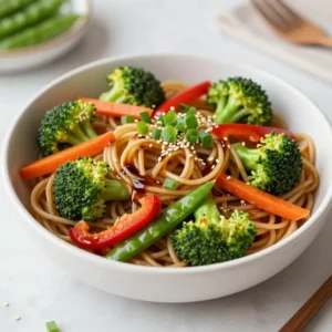 - 8 oz lo mein noodles - 2 tablespoons vegetable oil - 1 cup broccoli florets - 1 red bell pepper, sliced - 1 carrot, julienned - 1 cup snap peas - 3 green onions, chopped - 2 cloves garlic, minced - 2 tablespoons soy sauce - 1 tablespoon sesame oil - 1 tablespoon hoisin sauce - Salt and pepper to taste - Sesame seeds for garnish To make Easy Veggie Lo Mein, start with lo mein noodles. These noodles are soft and chewy, perfect for soaking up flavors. Next, pick fresh vegetables like broccoli, bell pepper, and carrots. These add crunch and color to your dish. Snap peas also bring a nice, sweet touch. Garlic adds a strong flavor that makes this meal pop. For sauces, use soy sauce, sesame oil, and hoisin sauce. These sauces create a rich and savory taste. Don't forget salt and pepper to adjust the flavor. - Additional protein options (tofu, chicken, shrimp) - Alternative vegetables (zucchini, mushrooms, bok choy) To customize your dish, add protein. Tofu works well for a vegetarian option. You can also use chicken or shrimp if you prefer meat. If you want to switch up the veggies, try zucchini or mushrooms. Bok choy makes a nice addition too. This way, you can tailor the dish to your taste! {{ingredient_image_1}} - Cooking the lo mein noodles Start by boiling water in a large pot. Add the lo mein noodles. Cook them according to the package instructions. This usually takes about 3-5 minutes. Once cooked, drain them well. Set the noodles aside for later. - Preparing the vegetables While the noodles cook, wash and chop your veggies. Slice the red bell pepper into thin strips. Cut the broccoli into small florets. Peel the carrot and julienne it. Finally, rinse the snap peas. Chop the green onions, keeping both white and green parts. - Stir-frying the garlic and vegetables Heat 2 tablespoons of vegetable oil in a large pan or wok. Use medium-high heat. Add minced garlic and cook for about 30 seconds. You want the garlic to smell good, but not burn. Next, toss in the broccoli, bell pepper, carrot, and snap peas. Stir-fry these for 3-5 minutes. Look for tender-crisp vegetables that still have some bite. - Combining noodles with sauce and veggies Now, add the drained lo mein noodles to the pan. Pour in 2 tablespoons of soy sauce, 1 tablespoon of sesame oil, and 1 tablespoon of hoisin sauce. Toss everything together. Mix well to coat the noodles and veggies in sauce. Season with salt and pepper to taste. Stir-fry for another 2 minutes. This helps everything heat through. Garnish with green onions and sesame seeds before serving. Enjoy your vibrant and tasty veggie lo mein! To make great lo mein, stir-frying is key. Here are some tips to help you. - Use high heat. This cooks the veggies fast and keeps them crisp. - Don&rsquo;t crowd the pan. Cook in batches if needed. This helps heat flow and keeps food from steaming. - Prep everything first. Have all your veggies and sauces ready before you start cooking. To avoid soggy noodles, follow these steps: - Drain well. After cooking, make sure to drain the lo mein noodles well. - Toss with oil. Lightly coat the noodles with a little vegetable oil. This helps them stay separate. - Add them last. Mix in the noodles after the veggies. This keeps them from overcooking. Want to boost flavor? Here are some easy ways to do that: - Add spices. Try ginger or chili flakes for a kick. - Use sauces wisely. Soy sauce, sesame oil, and hoisin sauce add depth to the dish. Adjust to your taste. For crispy veggies, try these tips: - Don&rsquo;t overcook. Stir-fry just until they're tender-crisp. - Use a hot pan. This keeps the veggies from getting soggy. - Add veggies in stages. Start with harder vegetables like broccoli, then add softer ones like bell peppers. These tips will help you make a tasty, quick veggie lo mein that everyone will love. Pro Tips Use Fresh Vegetables: Fresh vegetables not only taste better but also provide more nutrients. Choose vibrant, seasonal produce for the best flavor. Don't Overcook the Noodles: Lo mein noodles should be cooked until just al dente. They will continue to cook in the pan, so drain them while they still have a slight bite. Customize Your Sauce: Feel free to adjust the soy sauce, sesame oil, and hoisin sauce to your taste. Adding a bit of chili paste can give it an extra kick! Garnish for Flavor: Don't skip the garnish! Chopped green onions and sesame seeds add not only visual appeal but also a nice crunch and flavor contrast. {{image_2}} Vegan options You can easily make this dish vegan. Just skip any animal products. The sauces in this recipe are already plant-based, so you&rsquo;re good to go. Use tofu or tempeh for extra protein. Both add great flavor and texture to your meal. Gluten-free alternatives For a gluten-free version, swap out lo mein noodles for rice noodles. You can also use gluten-free soy sauce. This simple change allows everyone to enjoy the dish without gluten. Using different noodles or veggies Feel free to get creative with your noodles. You can try udon or soba noodles. Each type offers a unique taste. Mix up your veggies too! Zucchini, bell peppers, or mushrooms work well. Just remember to cut them into bite-sized pieces. Adding proteins like tofu or tempeh For a heartier meal, add proteins like tofu or tempeh. Both soak up flavors nicely. Cook them until golden brown for texture. You can also add cooked shrimp or chicken if you prefer. These options boost the nutrition and taste of your lo mein. To keep your Easy Veggie Lo Mein fresh, use an airtight container. This will keep out air and moisture. Place it in the fridge after it cools down. Your lo mein will be good for about 3-4 days in the fridge. If you think you won't eat it soon, consider freezing it. It can last up to 2 months in the freezer. Just remember to thaw it in the fridge before reheating. When it&rsquo;s time to enjoy your leftovers, reheating is key. The best method is to use a pan on the stove. Heat a little oil in the pan over medium heat. Add your lo mein and stir often. This helps keep the noodles from sticking. You can also add a splash of water or soy sauce for moisture. If you need a quick option, the microwave works too. Cover your dish to trap steam, which keeps it moist. Enjoy your meal without losing that great texture! Yes, you can use whole wheat noodles for this recipe. Whole wheat adds fiber and nutrients. It may change the taste slightly, but it will still be tasty. Just follow the package instructions for cooking time. To add spice, include chili sauce or red pepper flakes. You can also add sliced fresh jalape&ntilde;os or sriracha. Start with a small amount and adjust to your taste. This will give your dish a nice kick. Veggie lo mein pairs well with spring rolls or dumplings. You can also serve it with a side salad for freshness. Try adding a light soup to complete your meal. These options complement the flavors nicely. Yes, you can freeze veggie lo mein! Store it in an airtight container. It can last up to three months in the freezer. When ready to eat, thaw it in the fridge overnight and reheat on the stove. You can create a delicious veggie lo mein with simple ingredients and clear steps. We discussed essential and optional ingredients to suit your taste. Next, I outlined easy preparation and cooking steps. I provided tips to enhance flavors and avoid common mistakes. We also explored variations to fit different diets, plus storage and reheating methods to keep your lo mein fresh. Now, you have everything you need to make a tasty dish at home. Enjoy experimenting and customizing your lo mein!